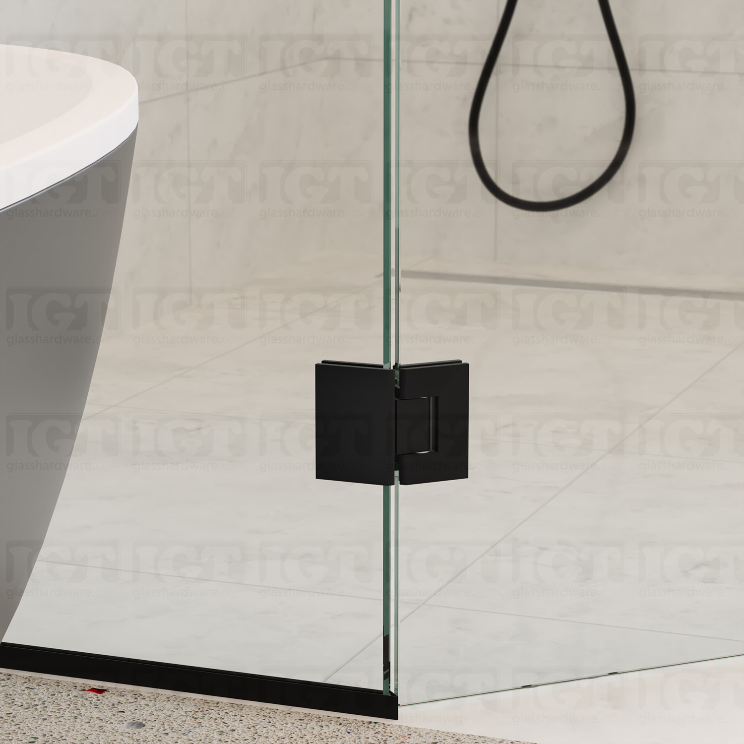 A closer view of the bottom Heavy Duty Adjustable 135 Degree Hinge in Matte Black, installed on a neo angle shower enclosure. The image showcases how the product's finish matches with other fixtures.