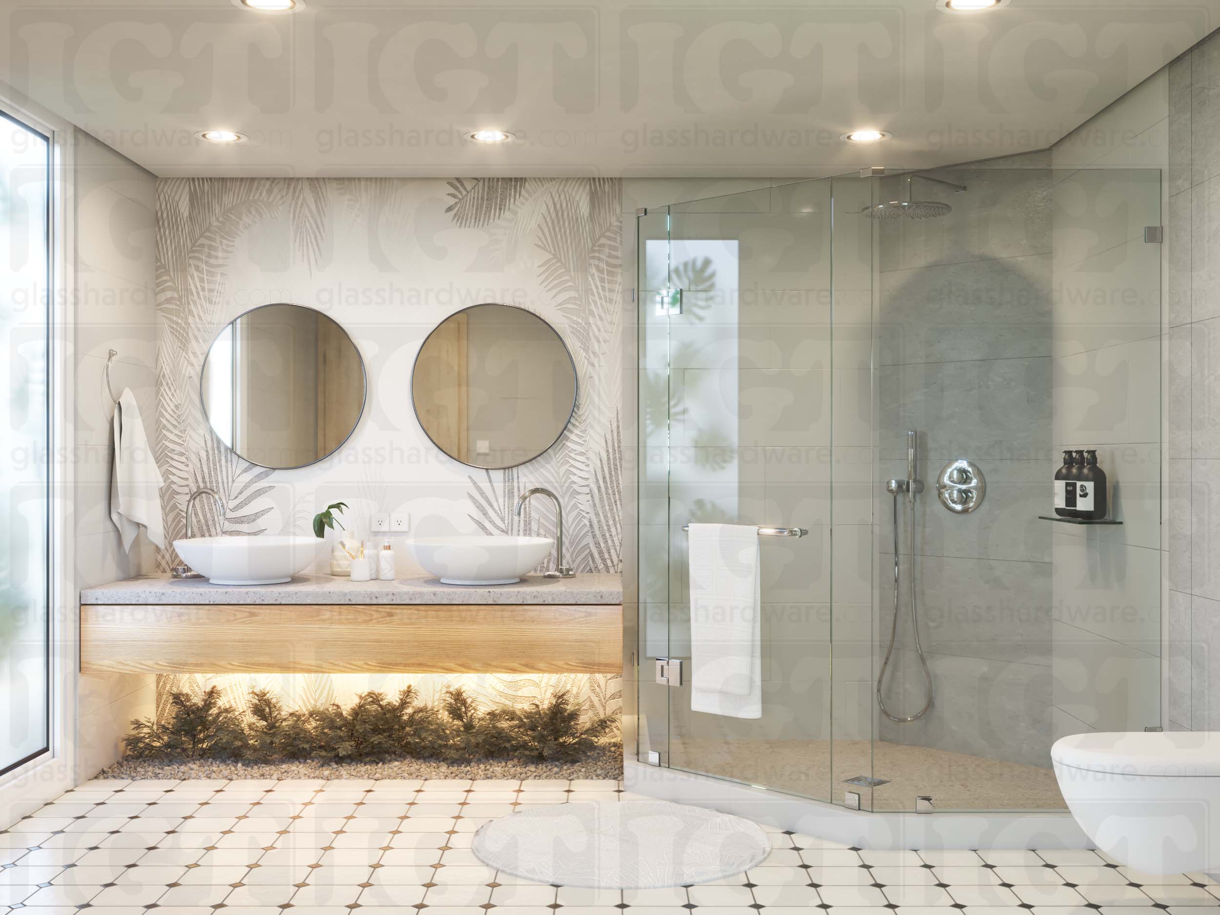 A modern bathroom featuring a neo angle glass shower enclosure, using two Glass-to-Glass 135 Degree Sleeve Over Clamps. Chrome Polished.