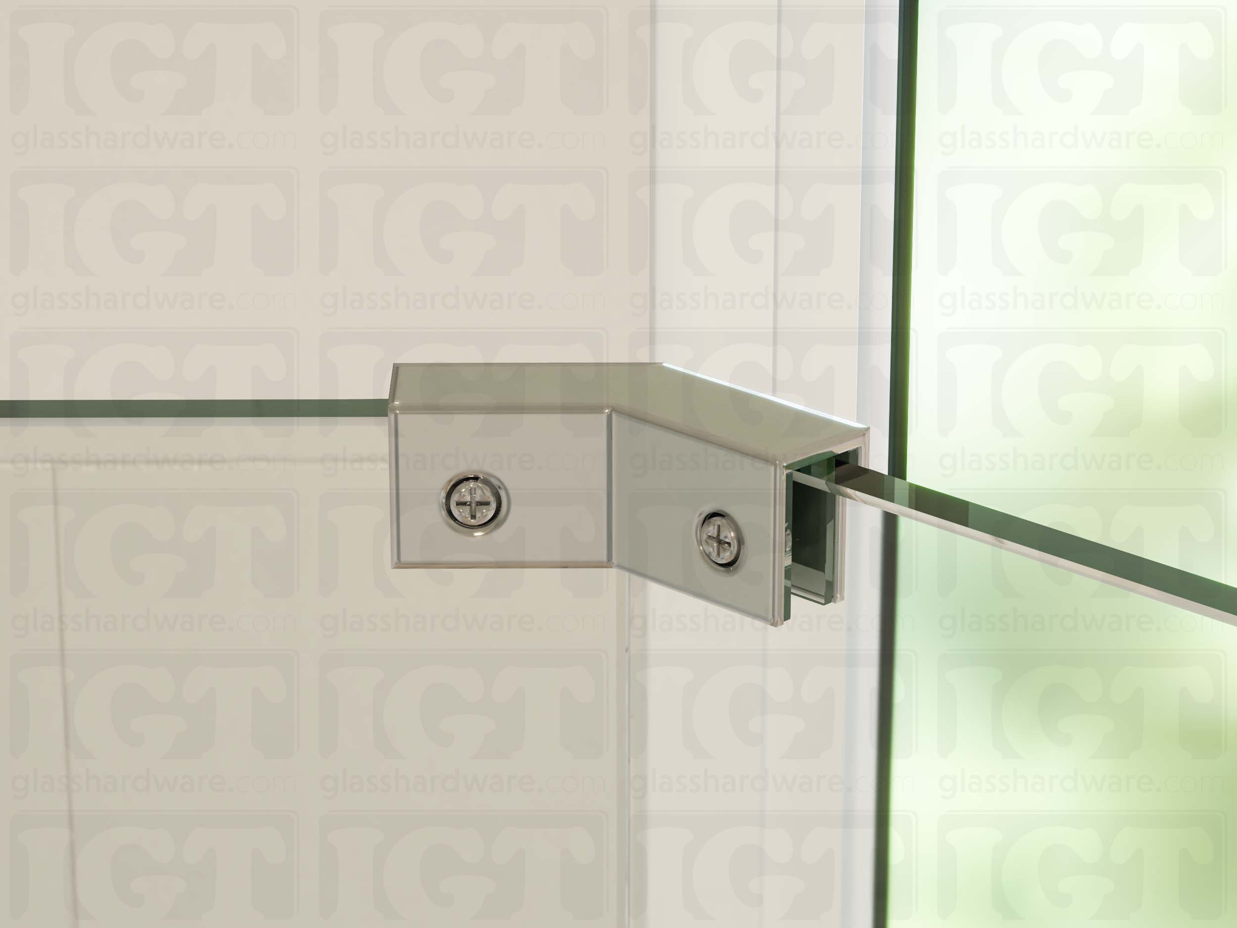 A close up view of the Glass-to-Glass 135 Degree Sleeve Over Clamp installed between two panels at an angle. The clamp's screws grip the glass firmly and add additional stability. Chrome Polished.