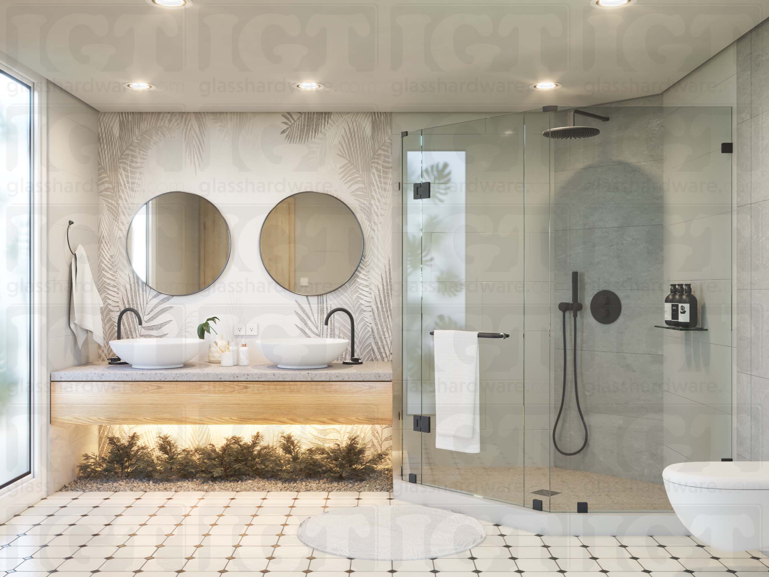 A modern bathroom featuring a neo angle glass shower enclosure, using two Glass-to-Glass 135 Degree Sleeve Over Clamps. Matte Black.