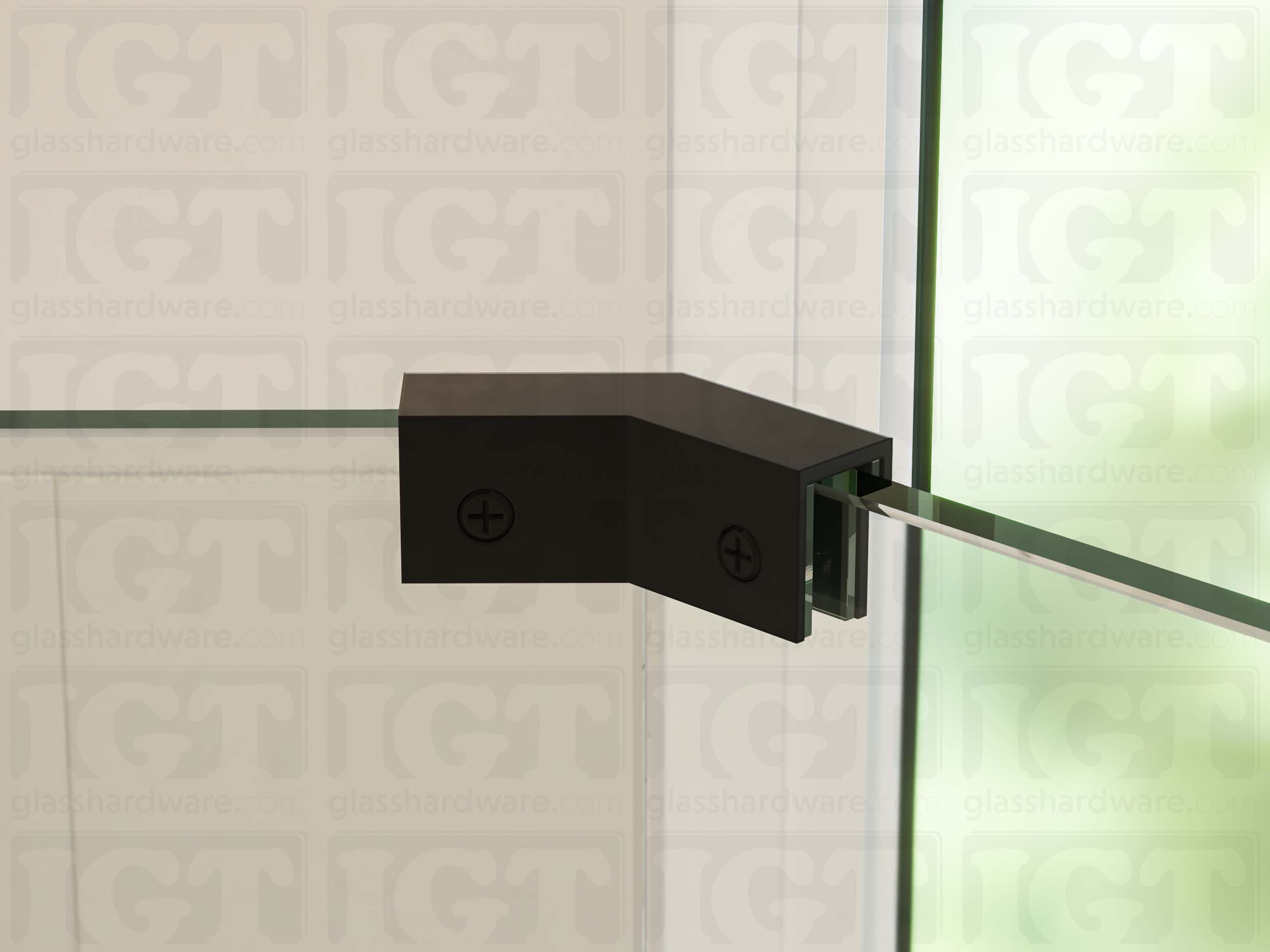 A close up view of the Glass-to-Glass 135 Degree Sleeve Over Clamp installed between two panels at an angle. The clamp's screws grip the glass firmly and add additional stability. Matte Black.