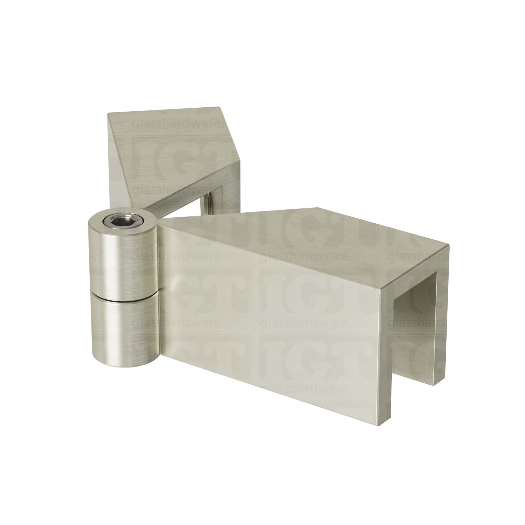 The Glass-to-Glass Adjustable Sleeve Over Clamp in Brushed Nickel.