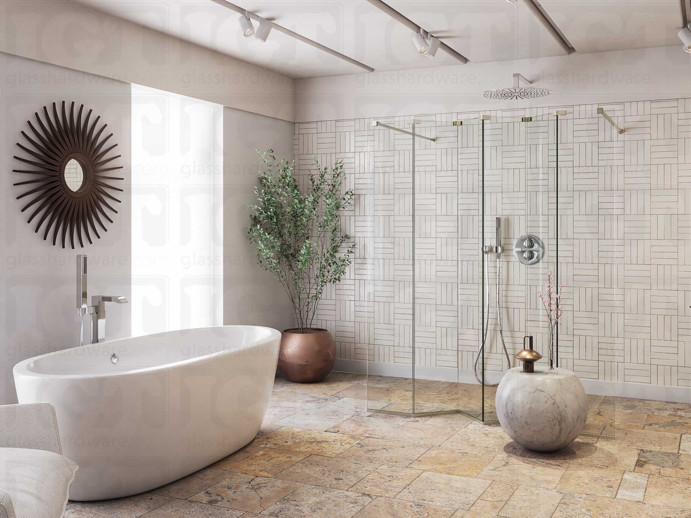 A modern bathroom featuring a doorless glass shower enclosure, using various Glass-to-Glass Adjustable Sleeve Over Clamps to hold the panels together. The image shows the bathrooms earthy design and minimalist furnishing. Brushed Nickel.