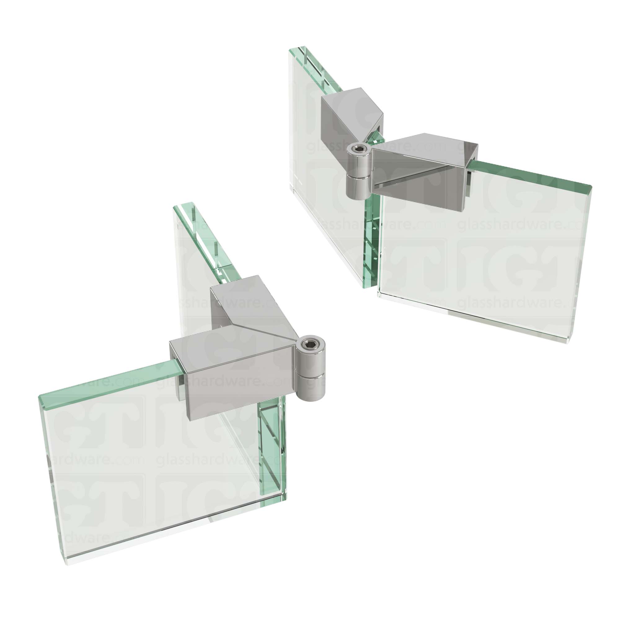 An image of two Glass-to-Glass Adjustable Sleeve Over Clamps holding adjacent glass panels together, one at 90 degrees and the other at 135 degrees. Chrome Polished.