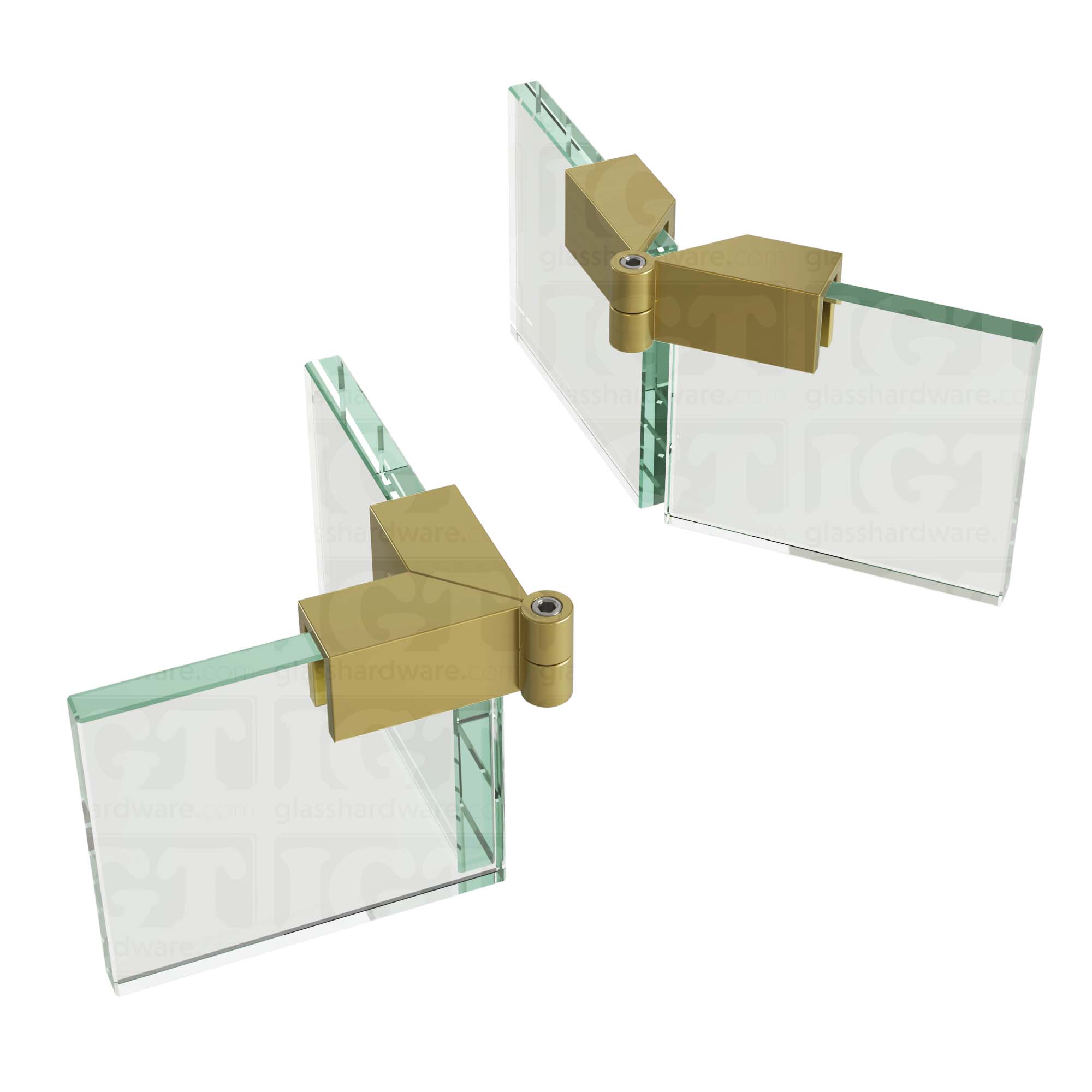 An image of two Glass-to-Glass Adjustable Sleeve Over Clamps holding adjacent glass panels together, one at 90 degrees and the other at 135 degrees. Gold Brushed.