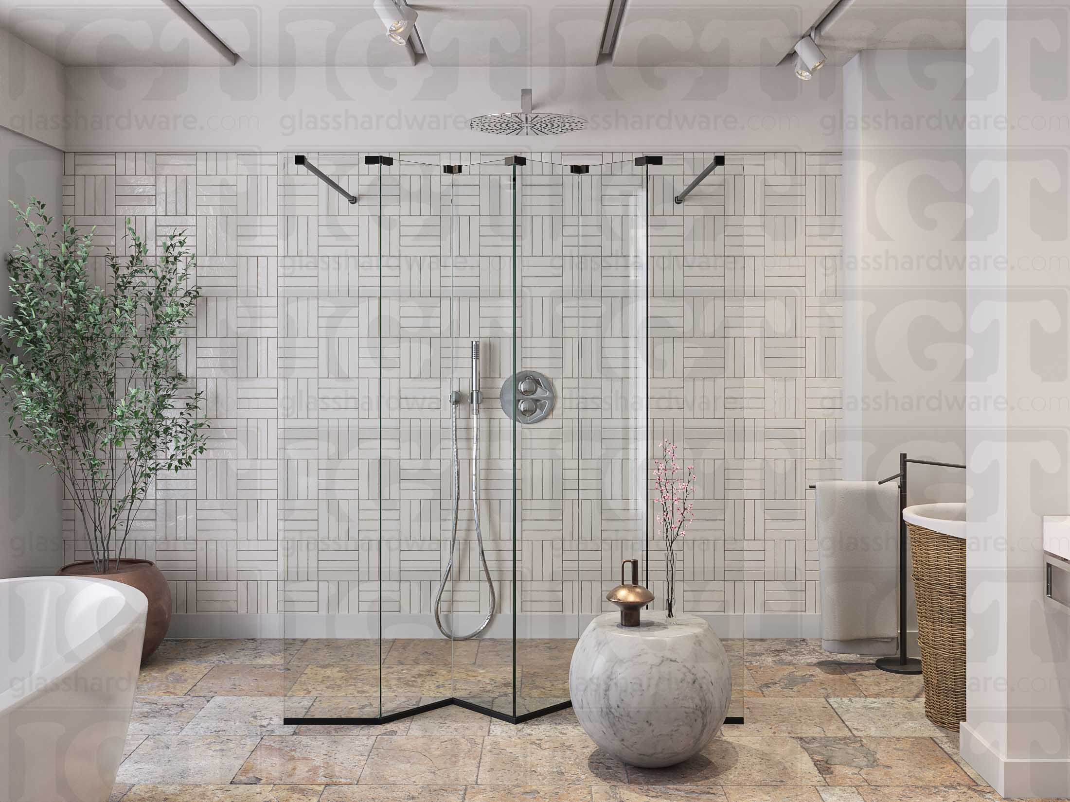 A modern bathroom featuring a doorless glass shower enclosure, using various Glass-to-Glass Adjustable Sleeve Over Clamps to hold the panels together. Matte Black.