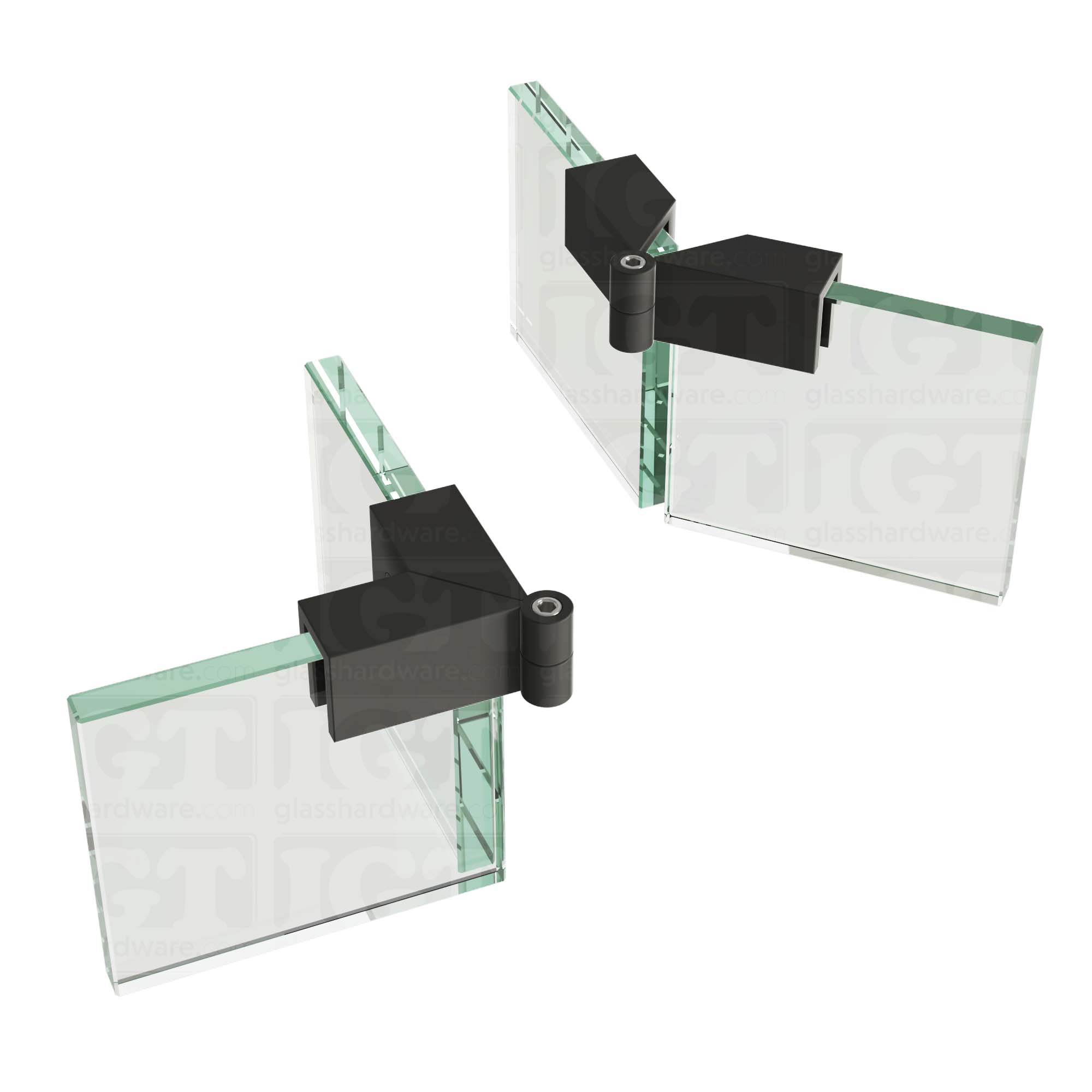 An image of two Glass-to-Glass Adjustable Sleeve Over Clamps holding adjacent glass panels together, one at 90 degrees and the other at 135 degrees. Matte Black.