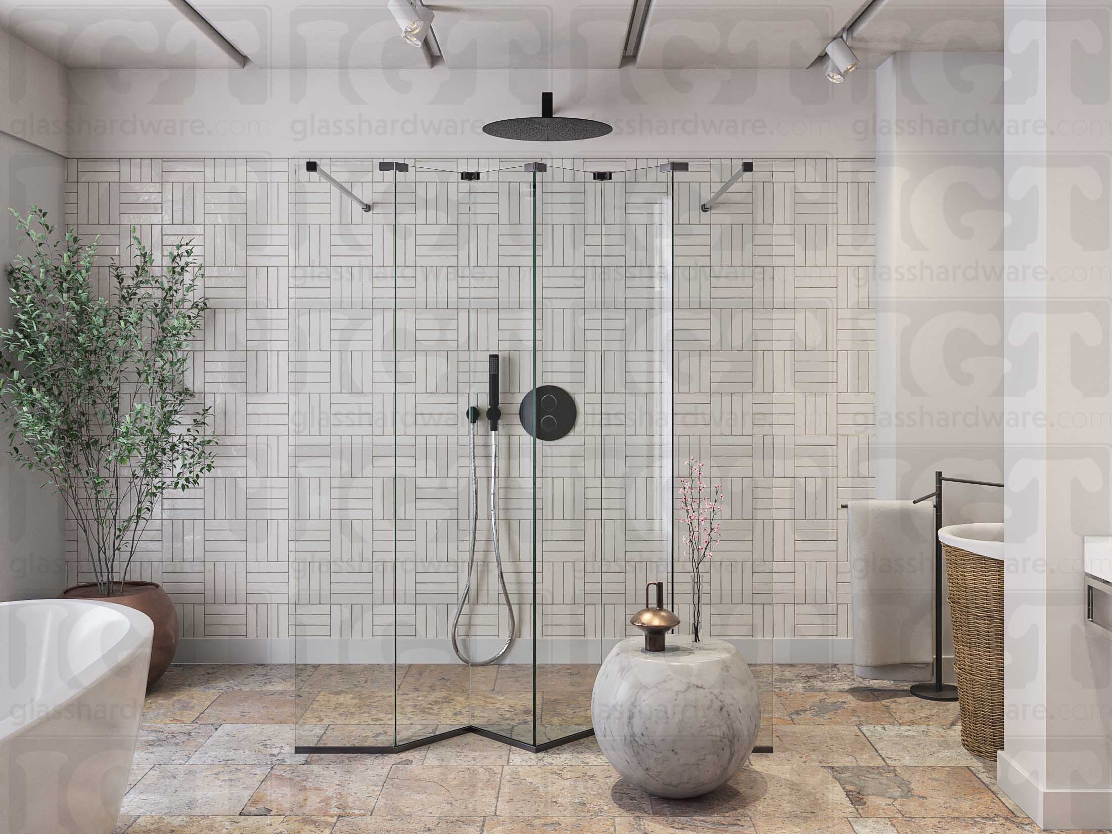 A modern bathroom featuring a doorless glass shower enclosure, using various Glass-to-Glass Adjustable Sleeve Over Clamps to hold the panels together. Polished Gun Metal.