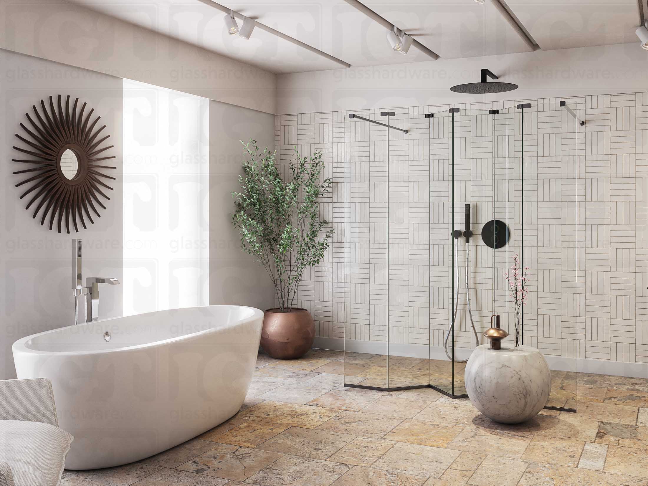 A modern bathroom featuring a doorless glass shower enclosure, using various Glass-to-Glass Adjustable Sleeve Over Clamps to hold the panels together. The image shows the bathrooms earthy design and minimalist furnishing. Polished Gun Metal.