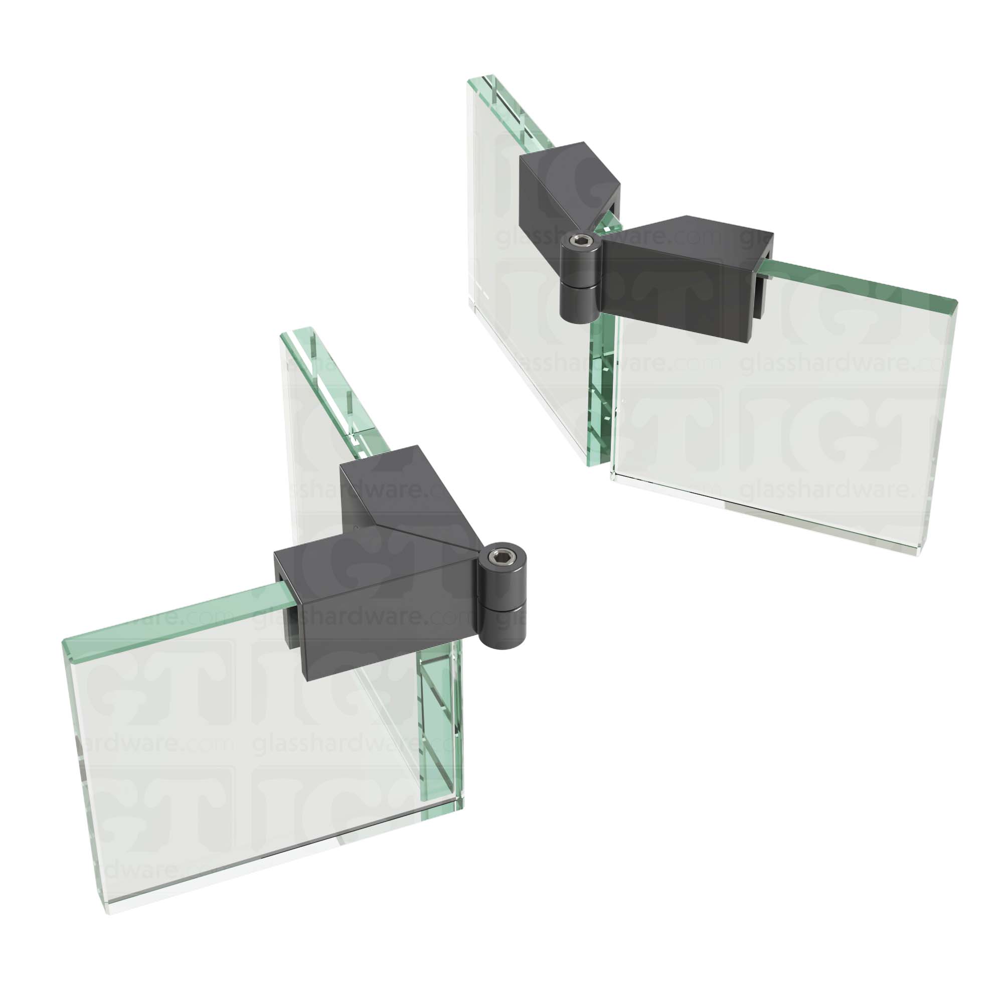 An image of two Glass-to-Glass Adjustable Sleeve Over Clamps holding adjacent glass panels together, one at 90 degrees and the other at 135 degrees. Polished Gun Metal.