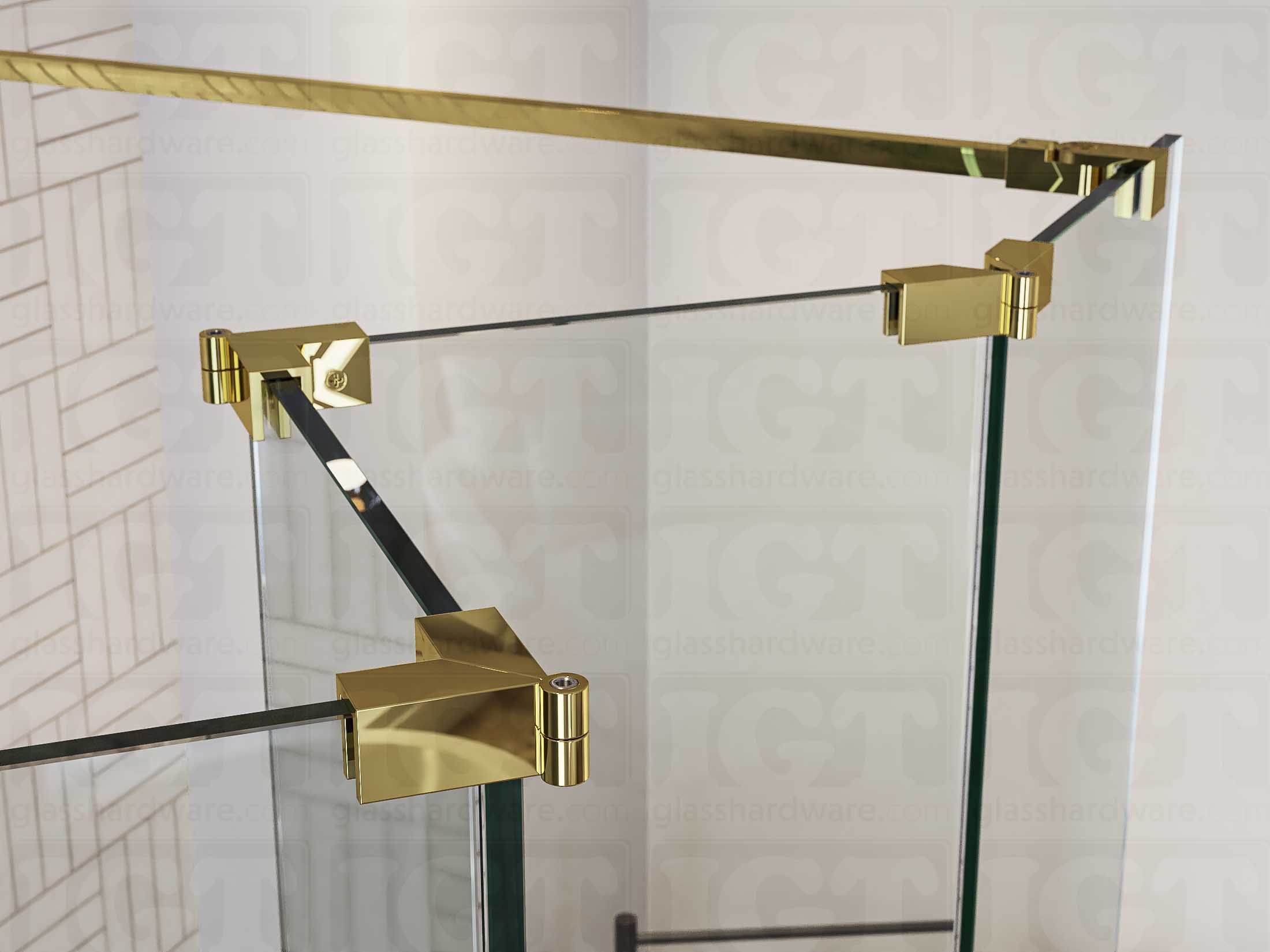 A close up of three Glass-to-Glass Adjustable Sleeve Over Clamps in Polished Brass installed on a doorless glass shower enclosure alongside a matching support bar.