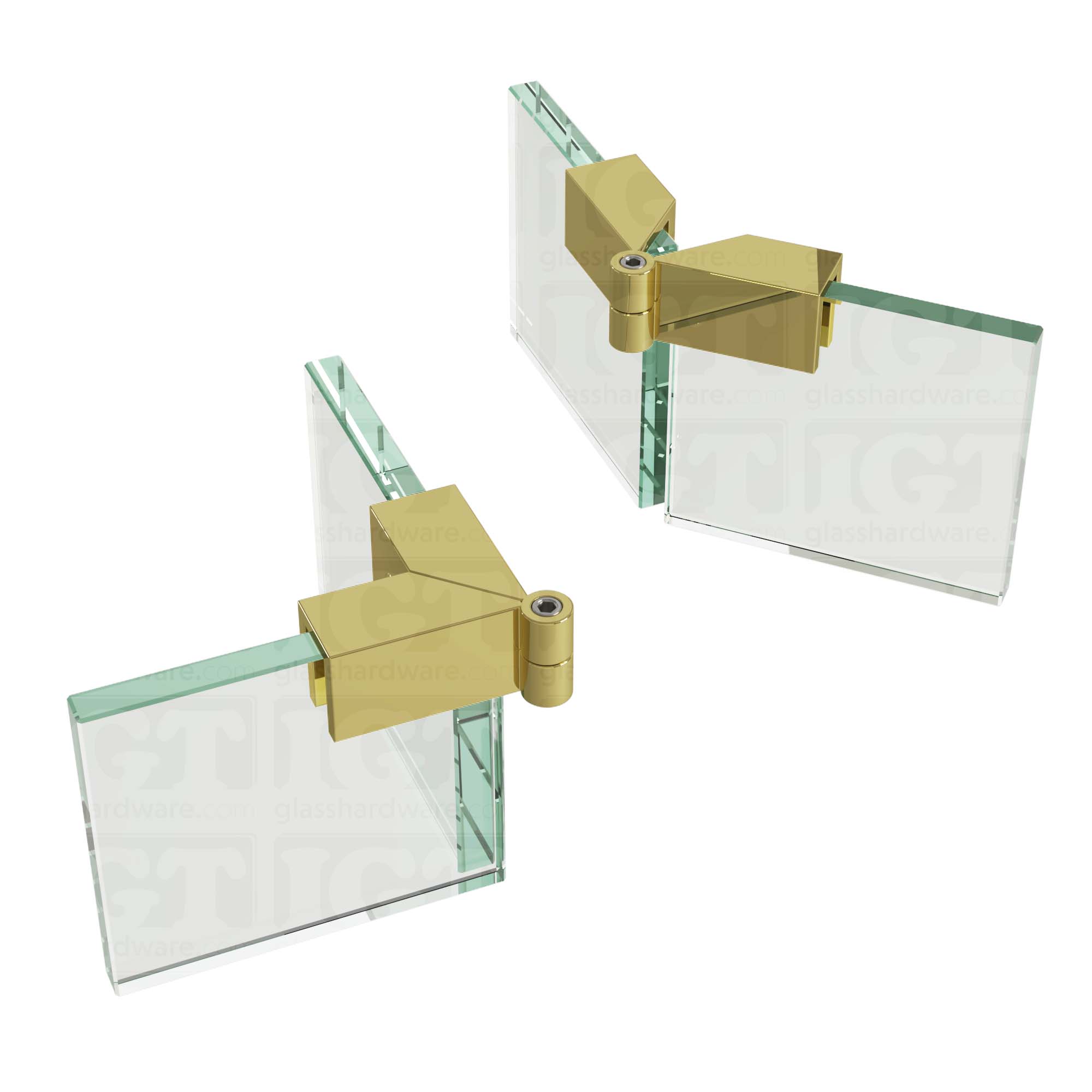 An image of two Glass-to-Glass Adjustable Sleeve Over Clamps holding adjacent glass panels together, one at 90 degrees and the other at 135 degrees. Polished Brass.