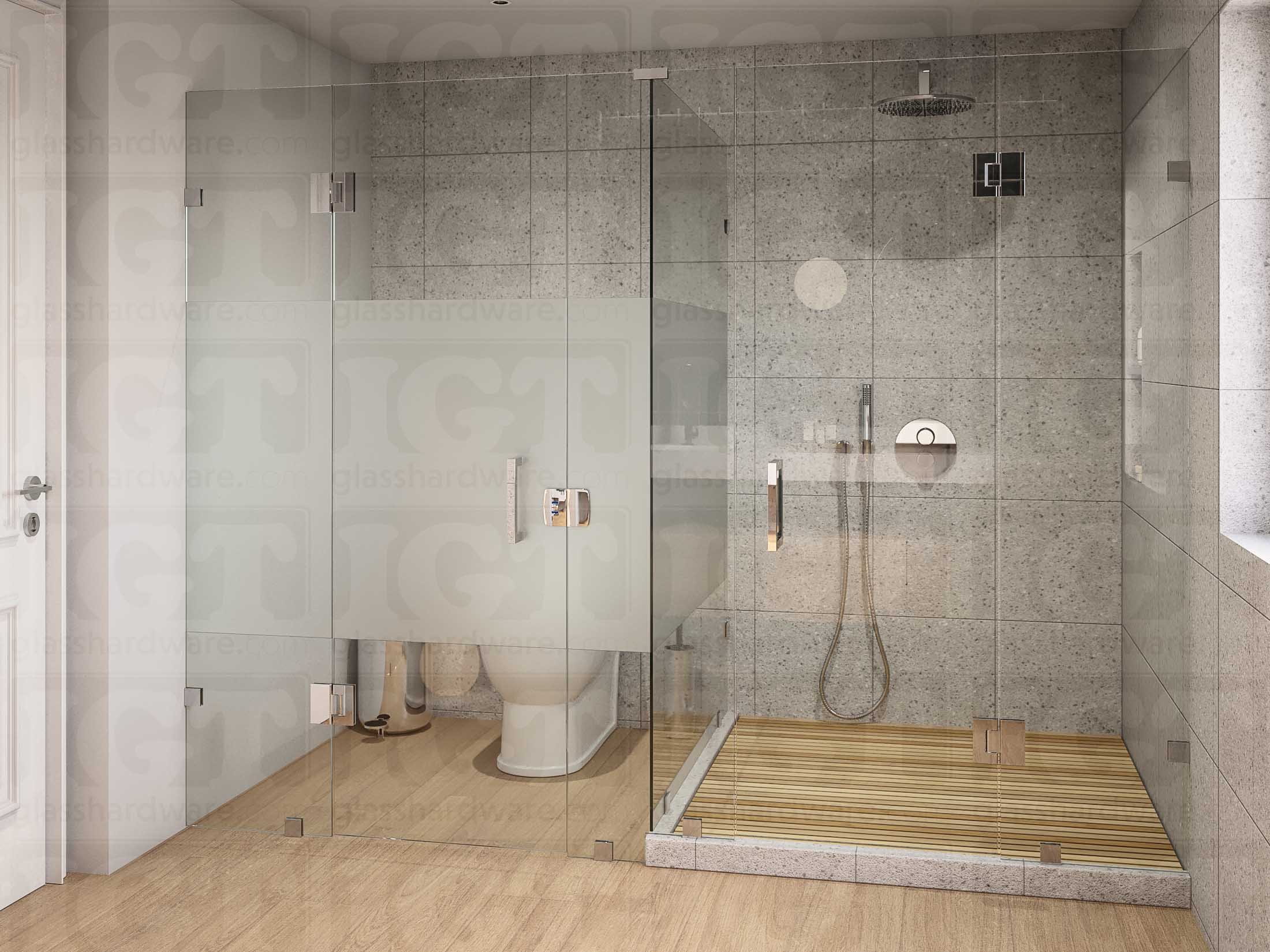 A modern bathroom featuring a T-shaped shower enclosure using the Glass-to-Glass T-Junction Sleeve Over Clamp to join its panels. Chrome Polished.