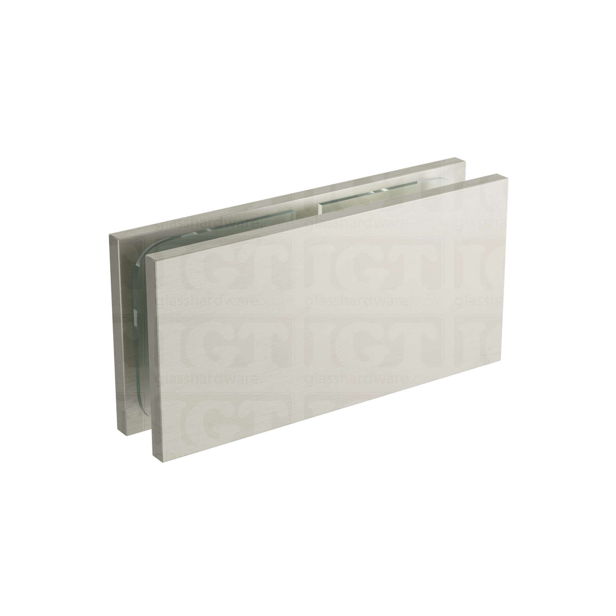 The Square 180 Degree Glass-to-Glass Clamp (Full Plates) in Brushed Nickel.