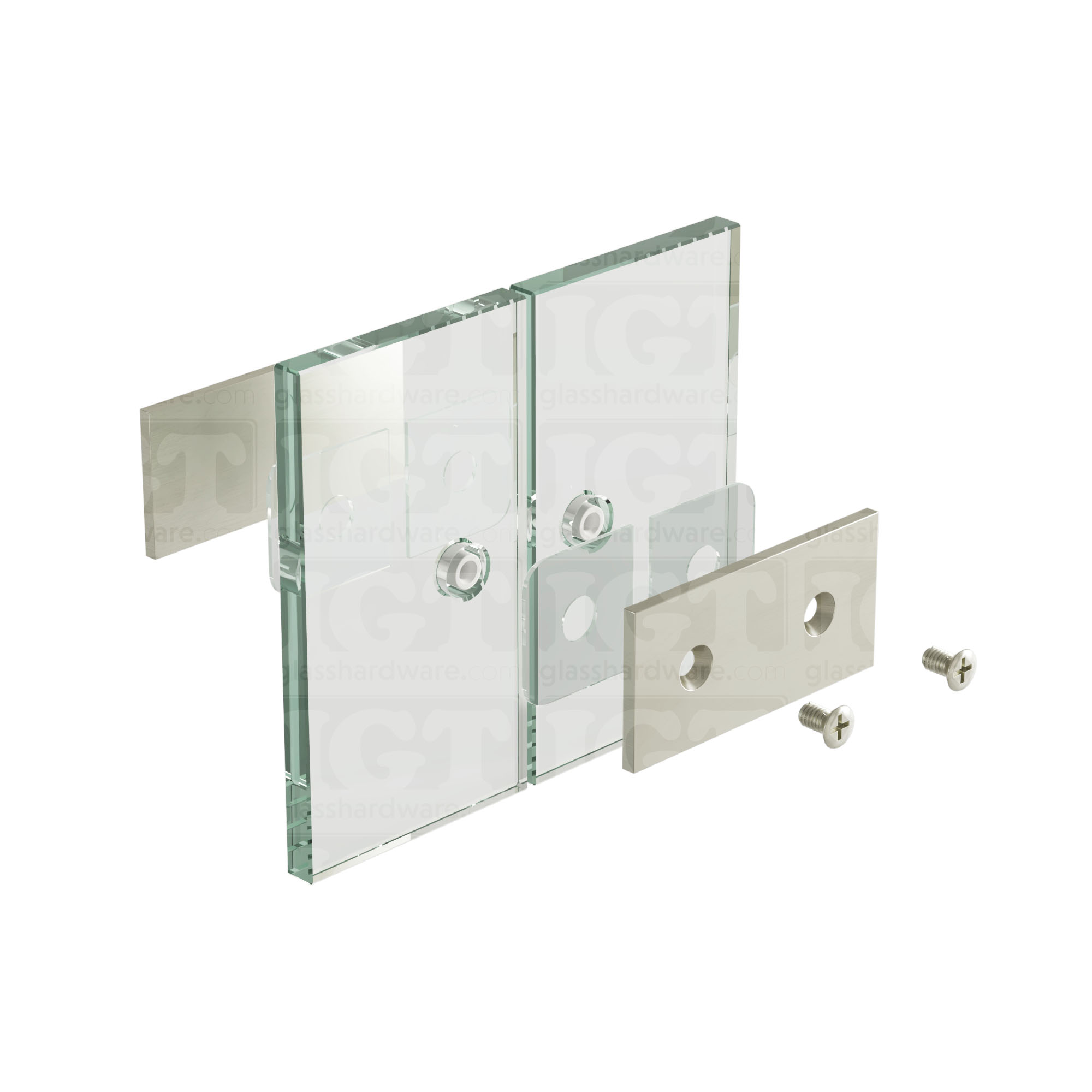 An exploded view of a Square 180 Degree Glass-to-Glass Clamp (Full Plates) assembly. The image shows the clamp's various components coming together, mounting onto two adjacent glass panels. Brushed Nickel.