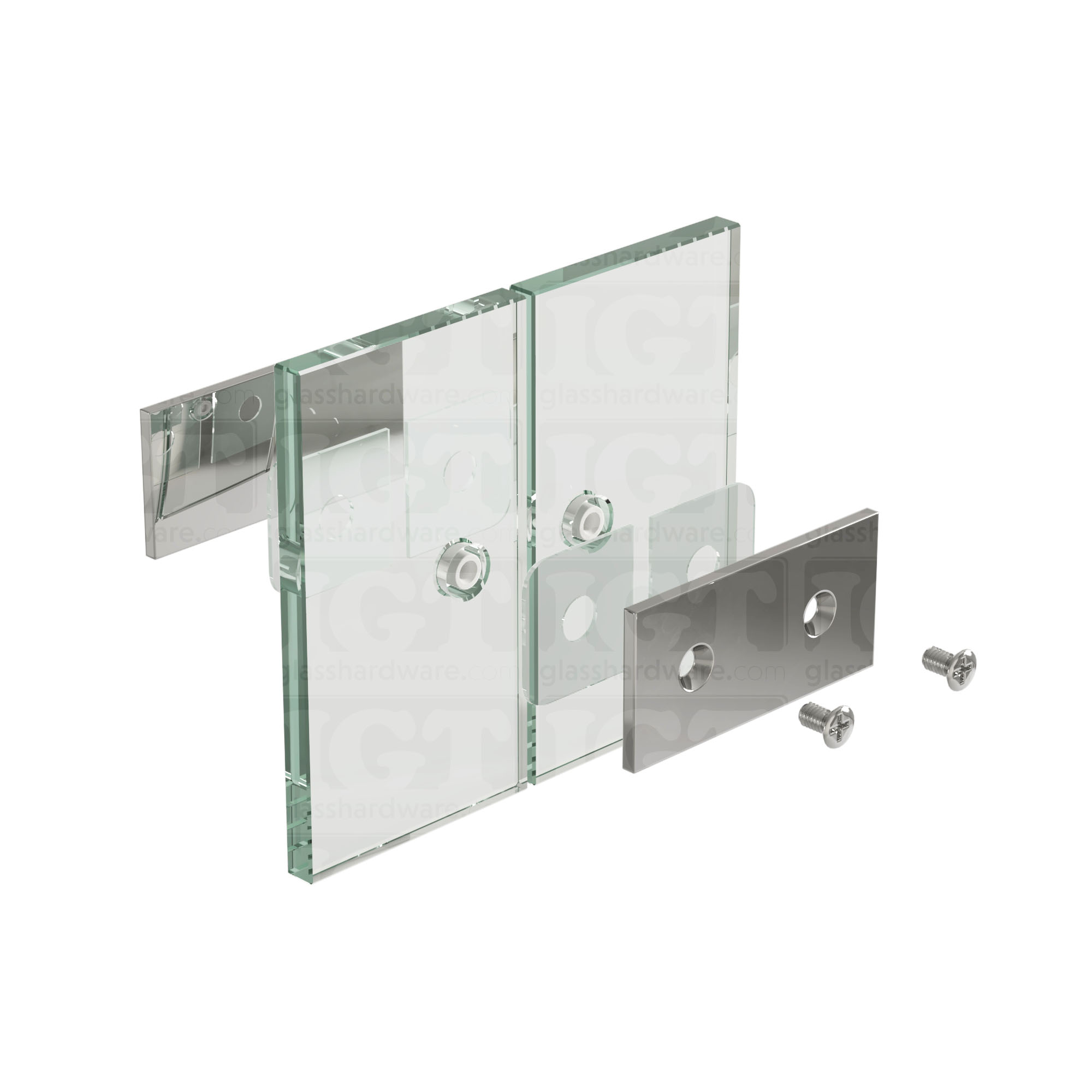 An exploded view of a Square 180 Degree Glass-to-Glass Clamp (Full Plates) assembly. The image shows the clamp's various components coming together, mounting onto two adjacent glass panels. Chrome Polished.