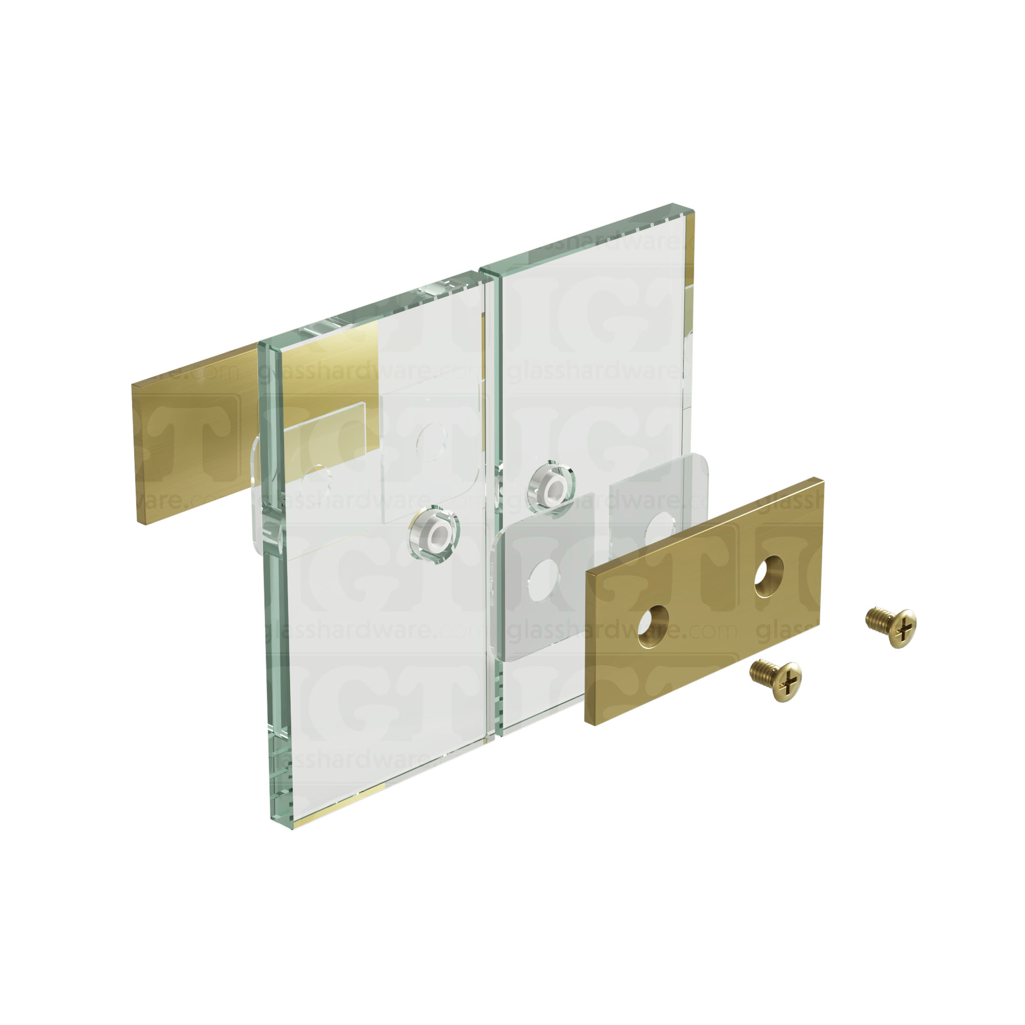 An exploded view of a Square 180 Degree Glass-to-Glass Clamp (Full Plates) assembly. The image shows the clamp's various components coming together, mounting onto two adjacent glass panels. Gold Brushed.