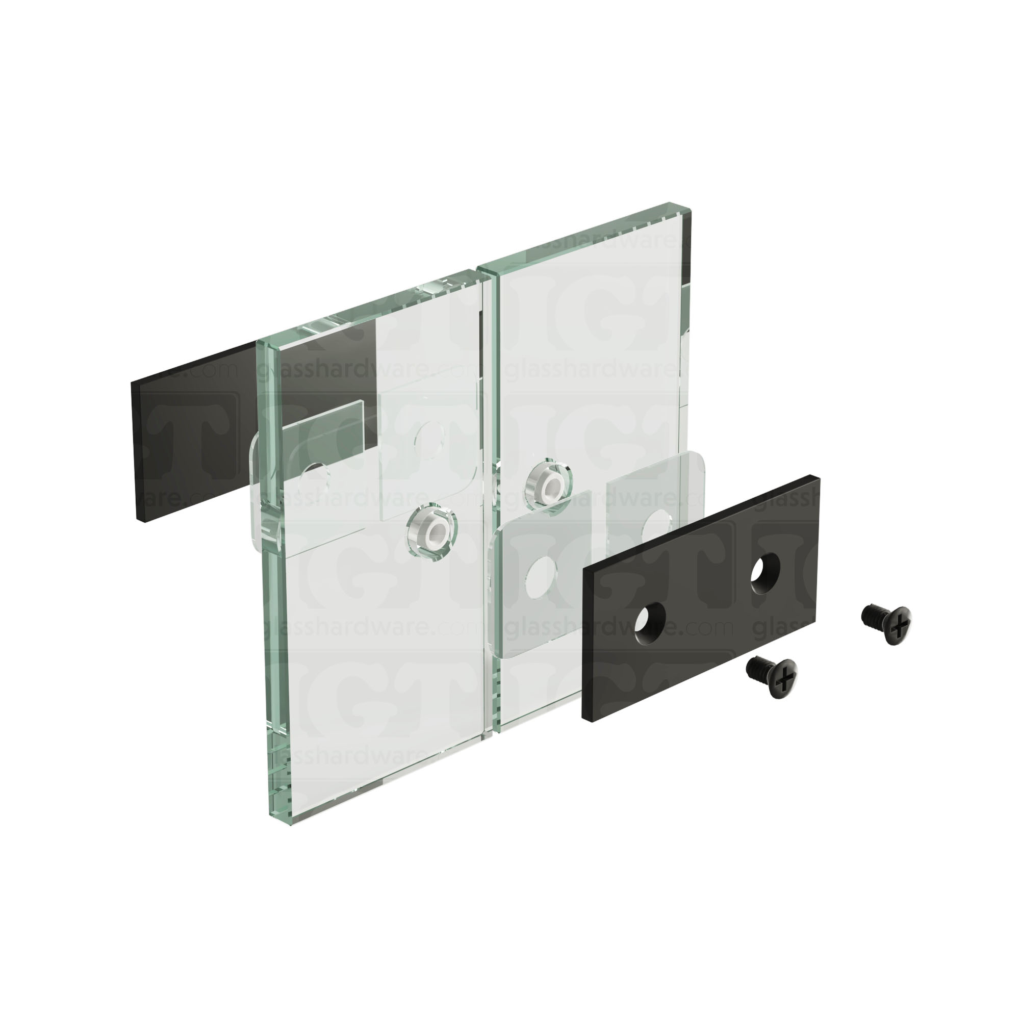 An exploded view of a Square 180 Degree Glass-to-Glass Clamp (Full Plates) assembly. The image shows the clamp's various components coming together, mounting onto two adjacent glass panels. Matte Black.