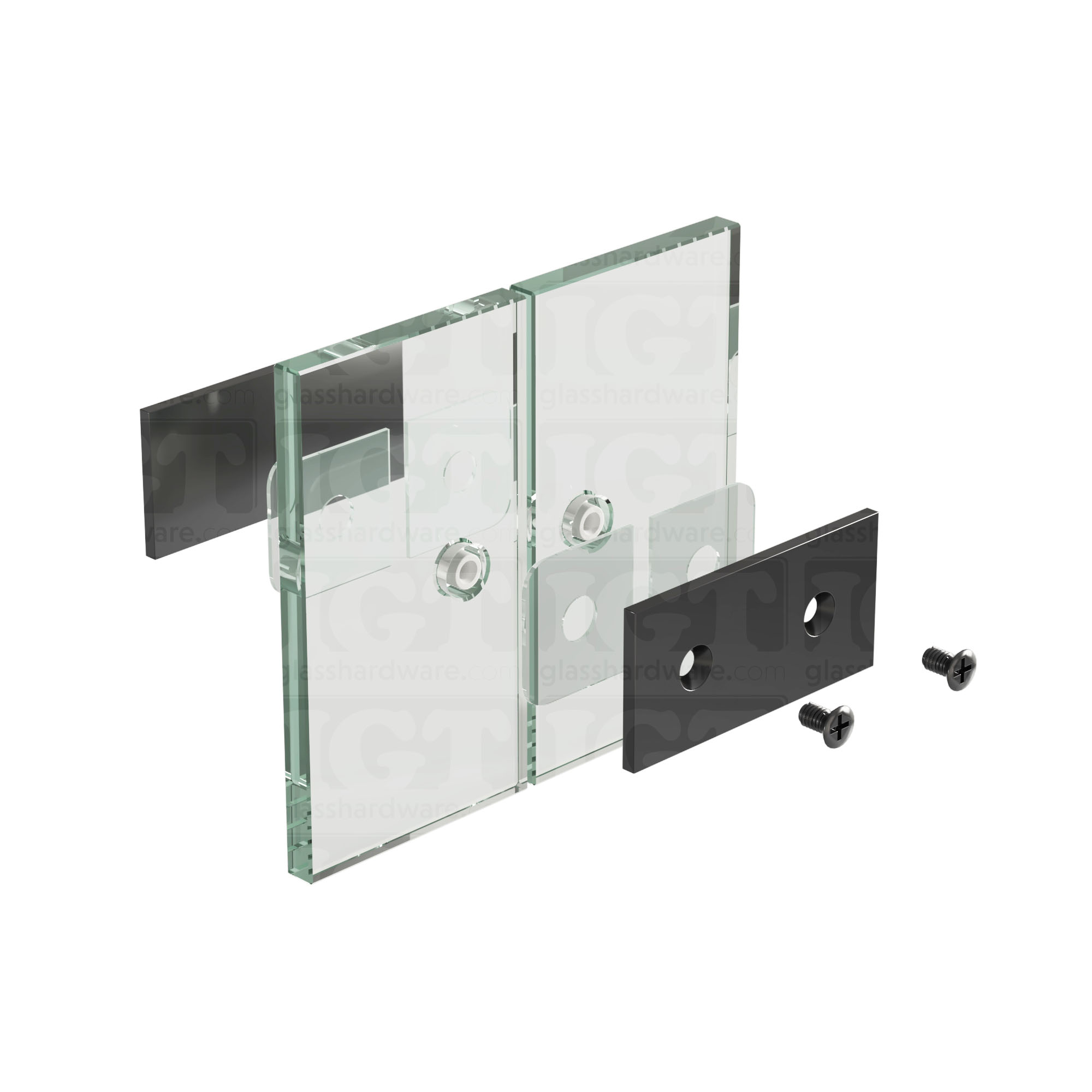 An exploded view of a Square 180 Degree Glass-to-Glass Clamp (Full Plates) assembly. The image shows the clamp's various components coming together, mounting onto two adjacent glass panels. Polished Gun Metal.