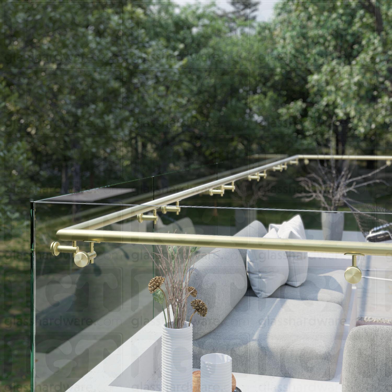 Close-up view of a balcony glass railing system using the 120" Round Handrail, Gold Brushed.