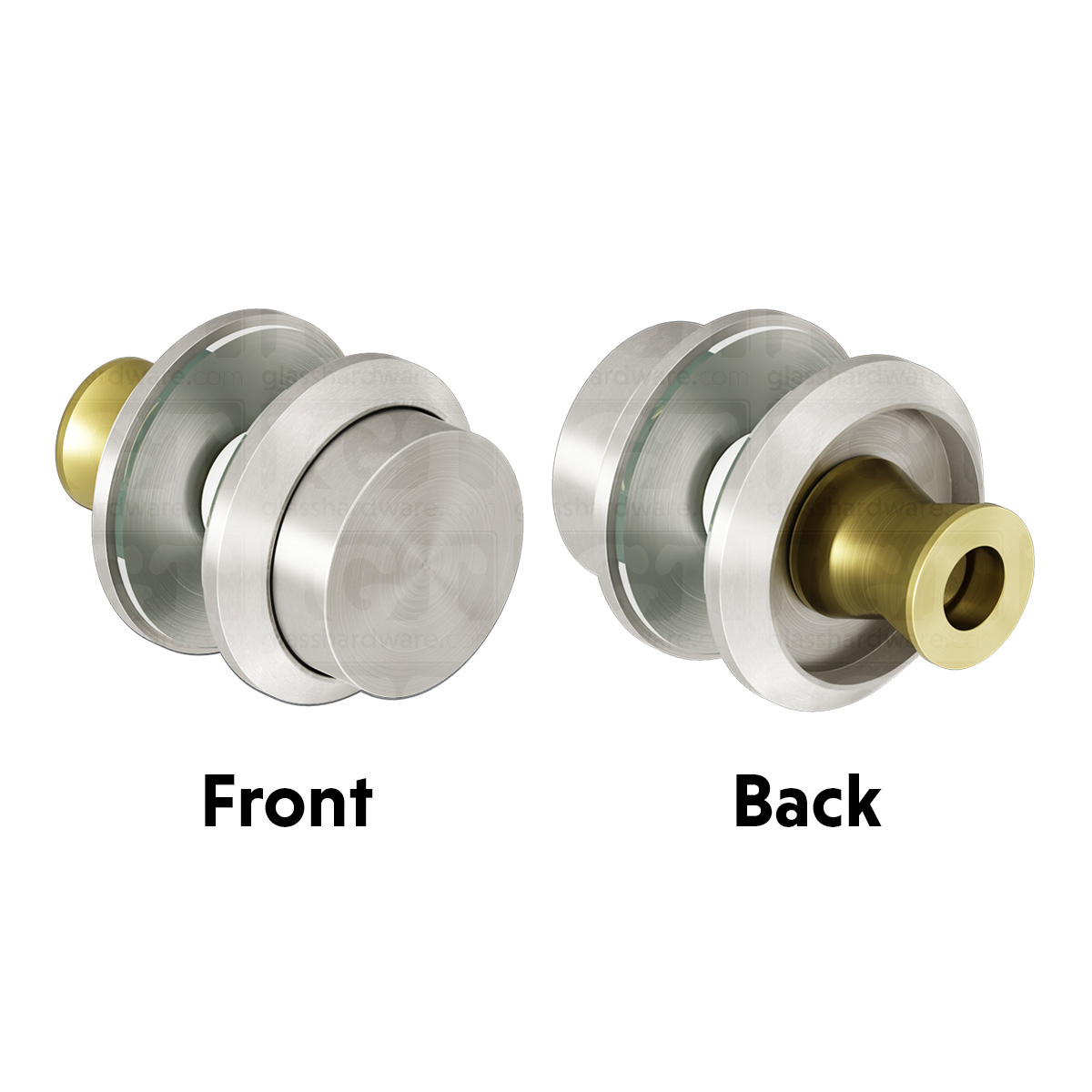 A front and back view of the Single-Sided Cap Fitting for Commmercial Ladder Handle in Brushed Stainless.