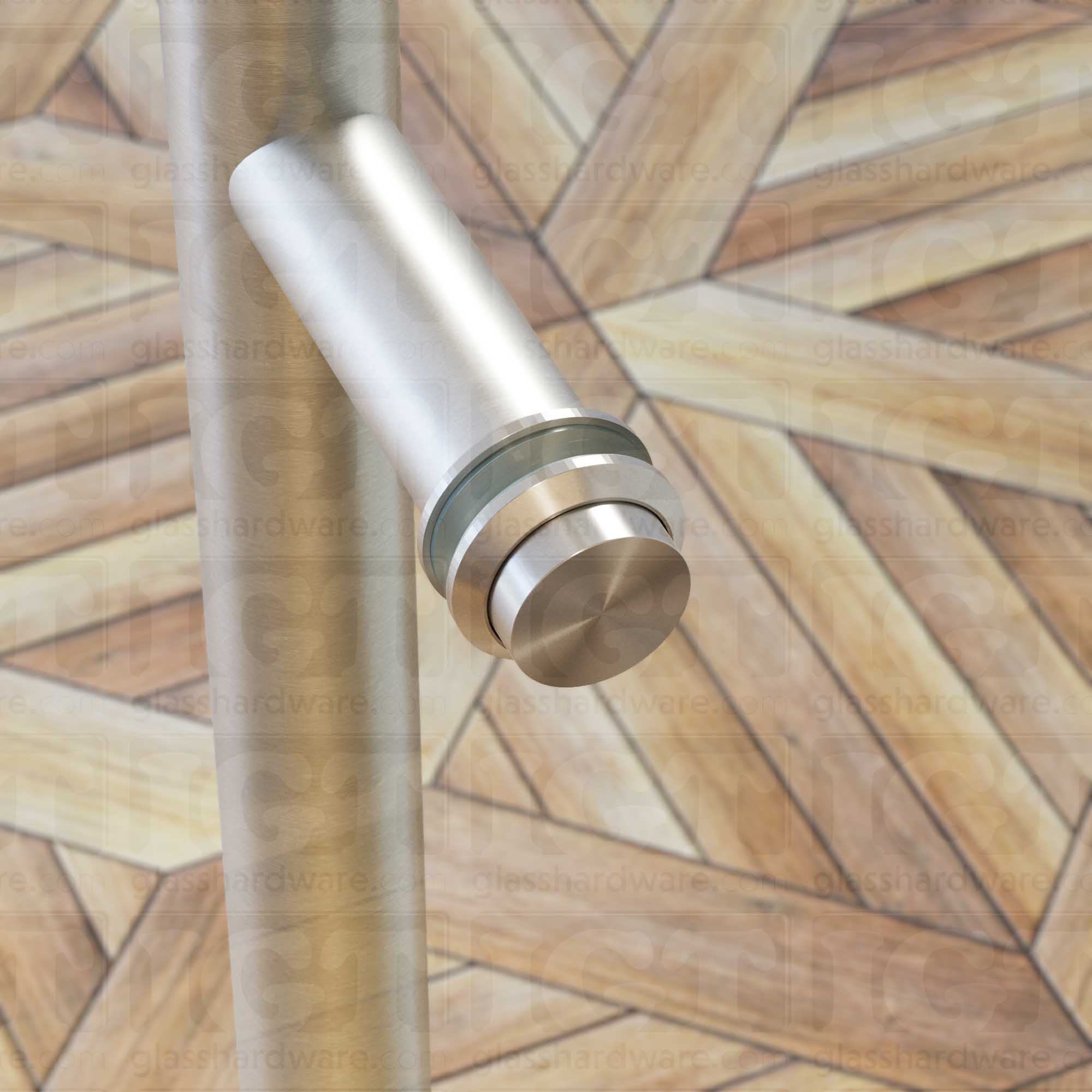 Another close-up view of the Single-Sided Cap Fitting installed on a ladder handle, Brushed Stainless.