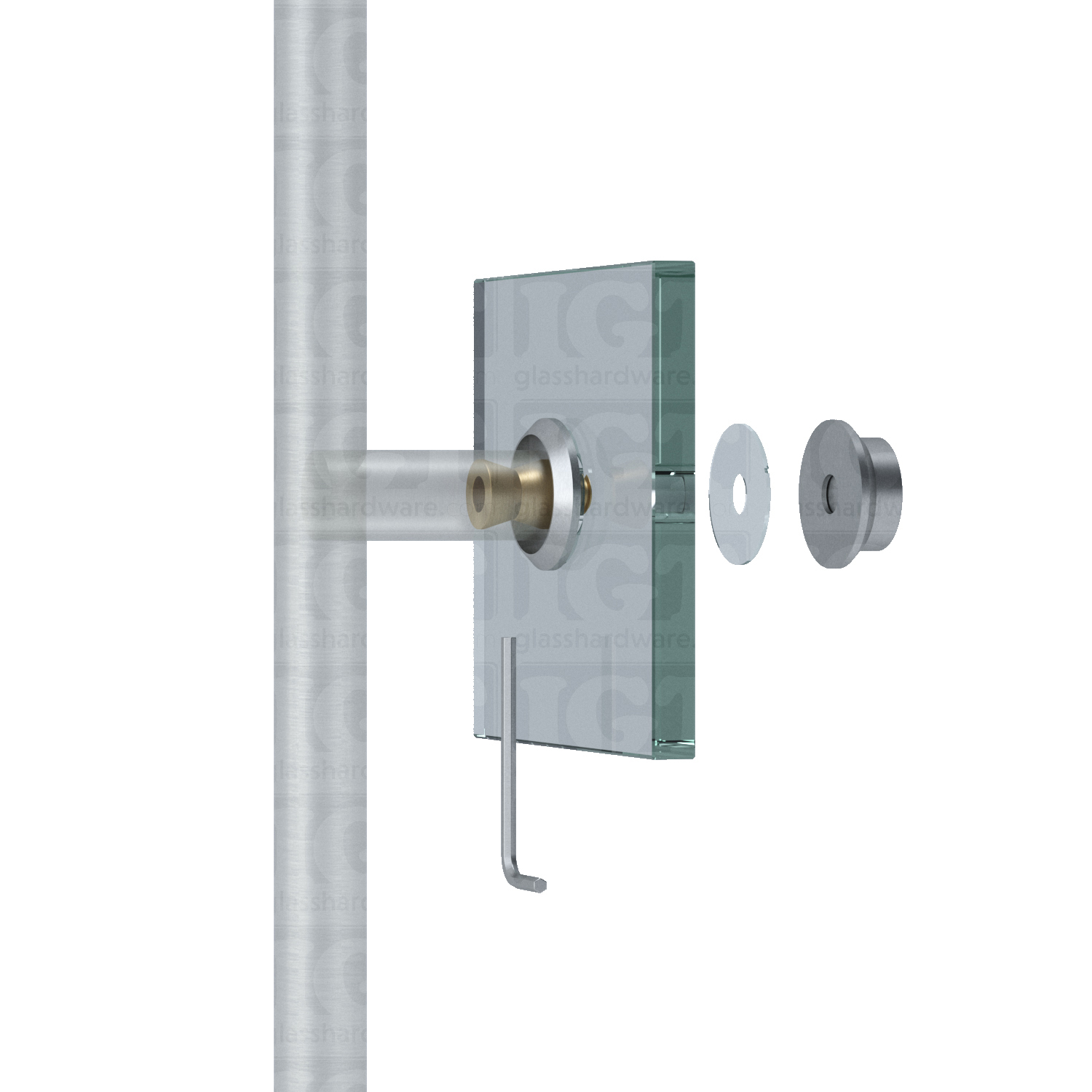 An exploded view of a ladder handle installed on glass, using the Single-Sided Cap Fitting for Commercial Ladder Handle in Brushed Stainless.