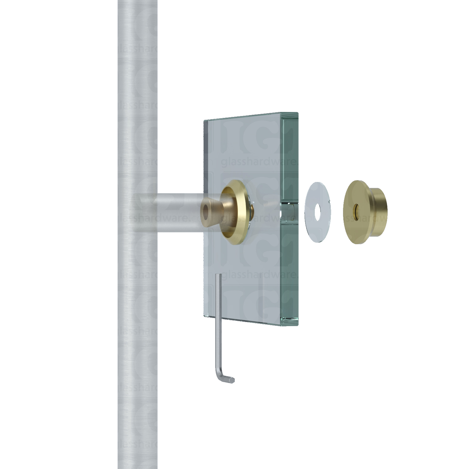 An exploded view of a ladder handle installed on glass, using the Single-Sided Cap Fitting for Commercial Ladder Handle in Gold Brushed.