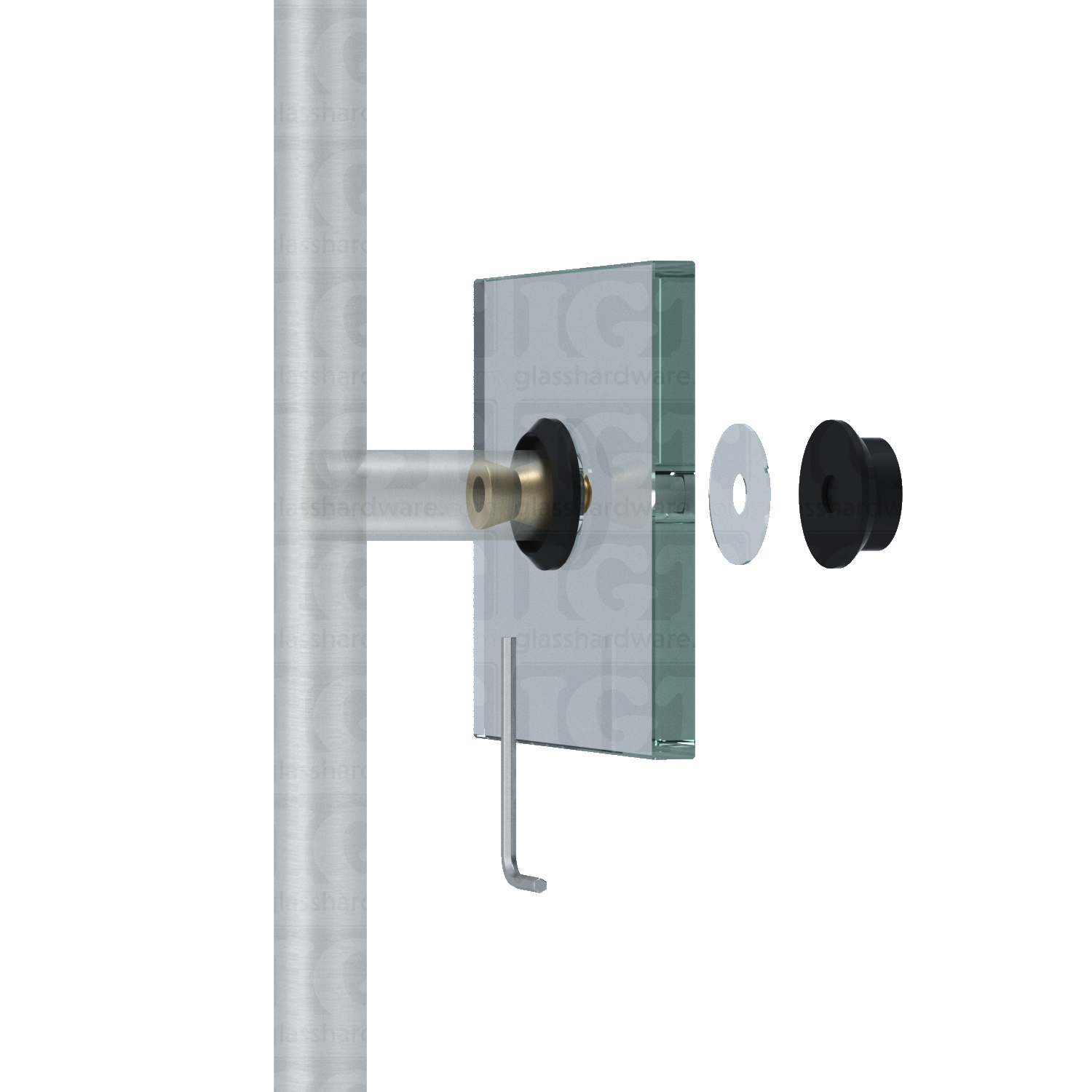 An exploded view of a ladder handle installed on glass, using the Single-Sided Cap Fitting for Commercial Ladder Handle in Matte Black.