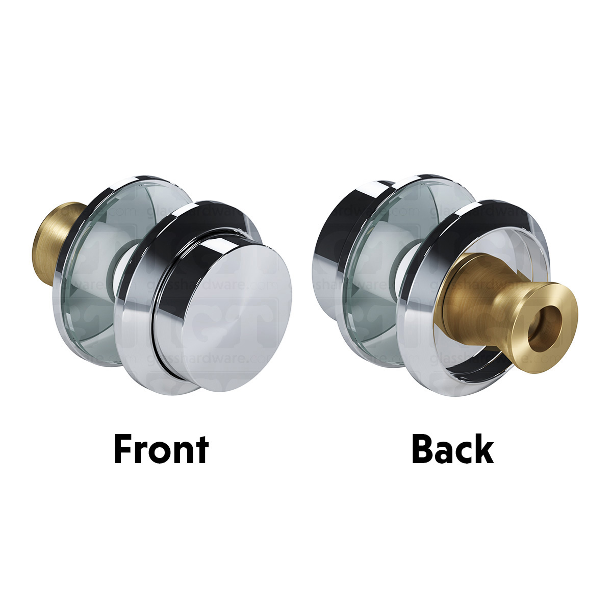 A front and back view of the Single-Sided Cap Fitting for Commmercial Ladder Handle in Polished Stainless.