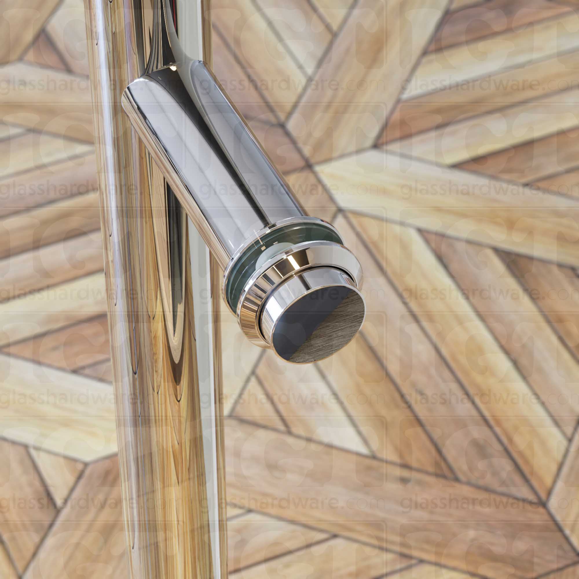 Another close-up view of the Single-Sided Cap Fitting installed on a ladder handle, Polished Stainless.