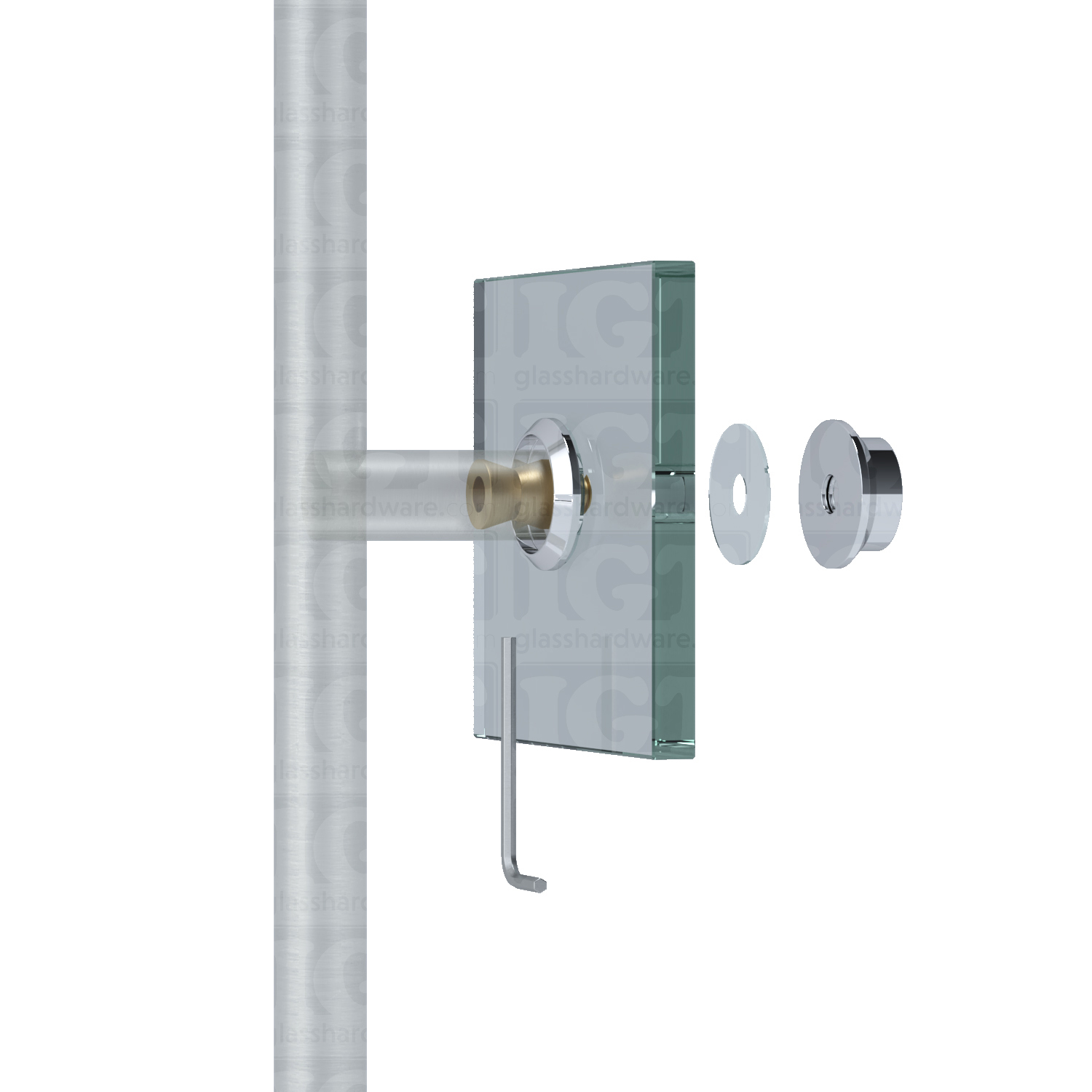 An exploded view of a ladder handle installed on glass, using the Single-Sided Cap Fitting for Commercial Ladder Handle in Polished Stainless.