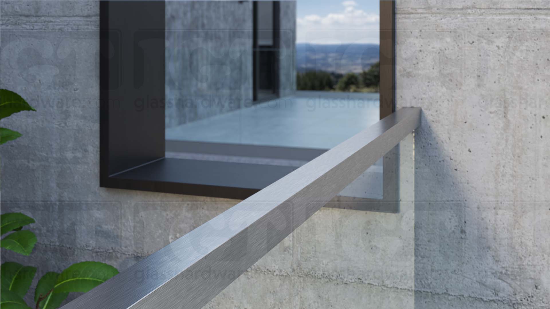 A close-up view of the 120 inch Square Cap Rail installed on a terrace railing system. Brushed Stainless.