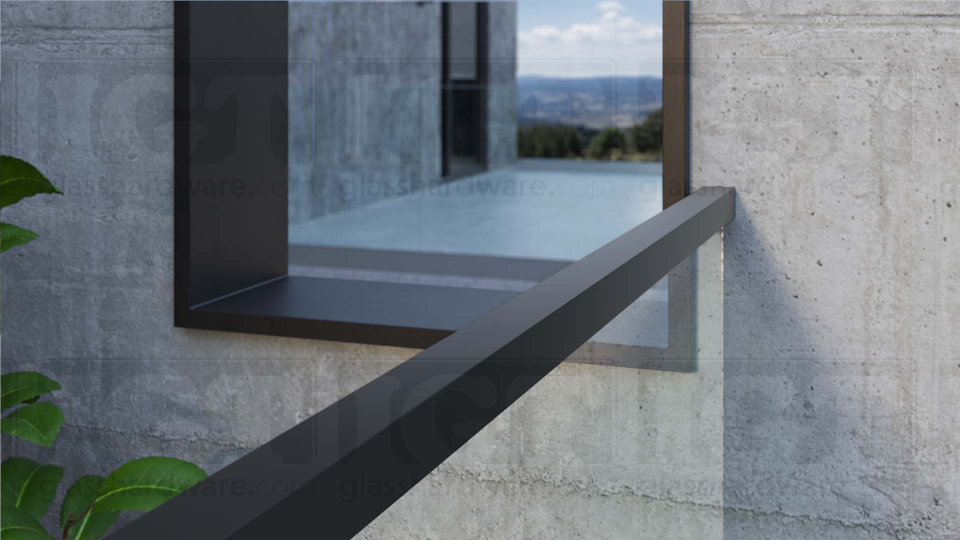 A close-up view of the 120" Square Cap Rail installed on a terrace railing system. Matte Black.