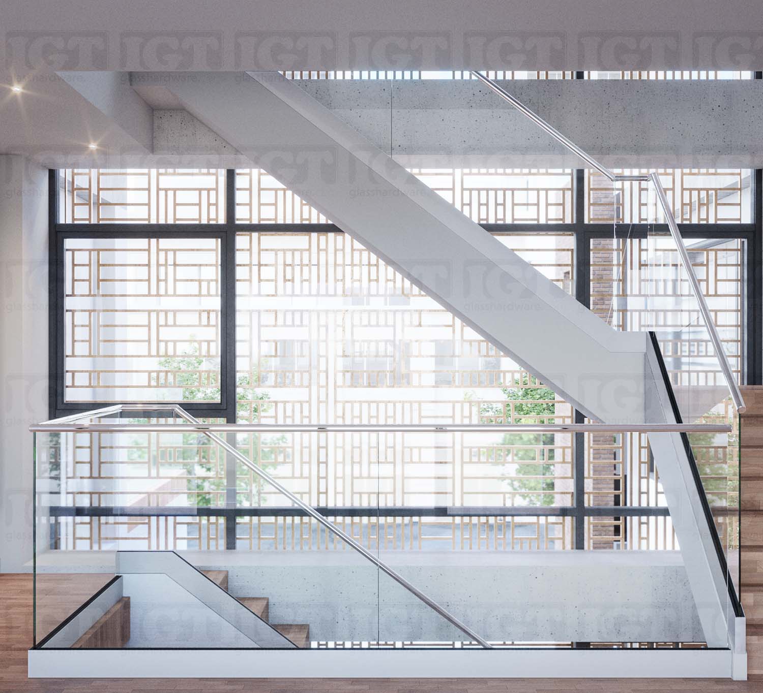 A glass railing system installed on a stairway, using the 220" Round Cap Rail, Polished Stainless.