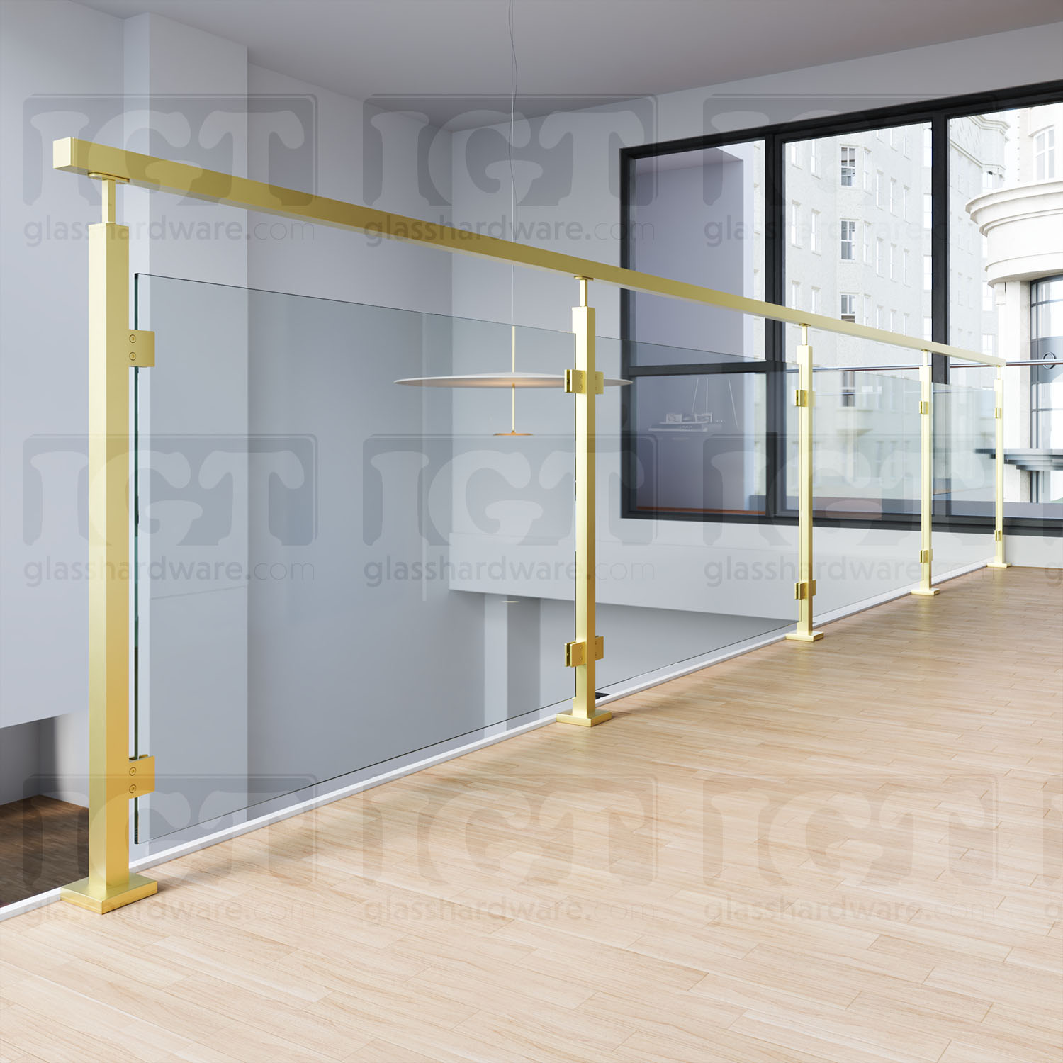 A glass railing system using the 120" Square Handrail, Gold Brushed.