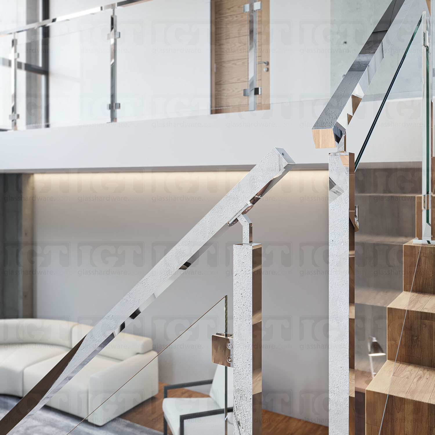 A close-up corner break view of the 220" Square Handrail installed on a stairway glass railing system, Polished Stainless.