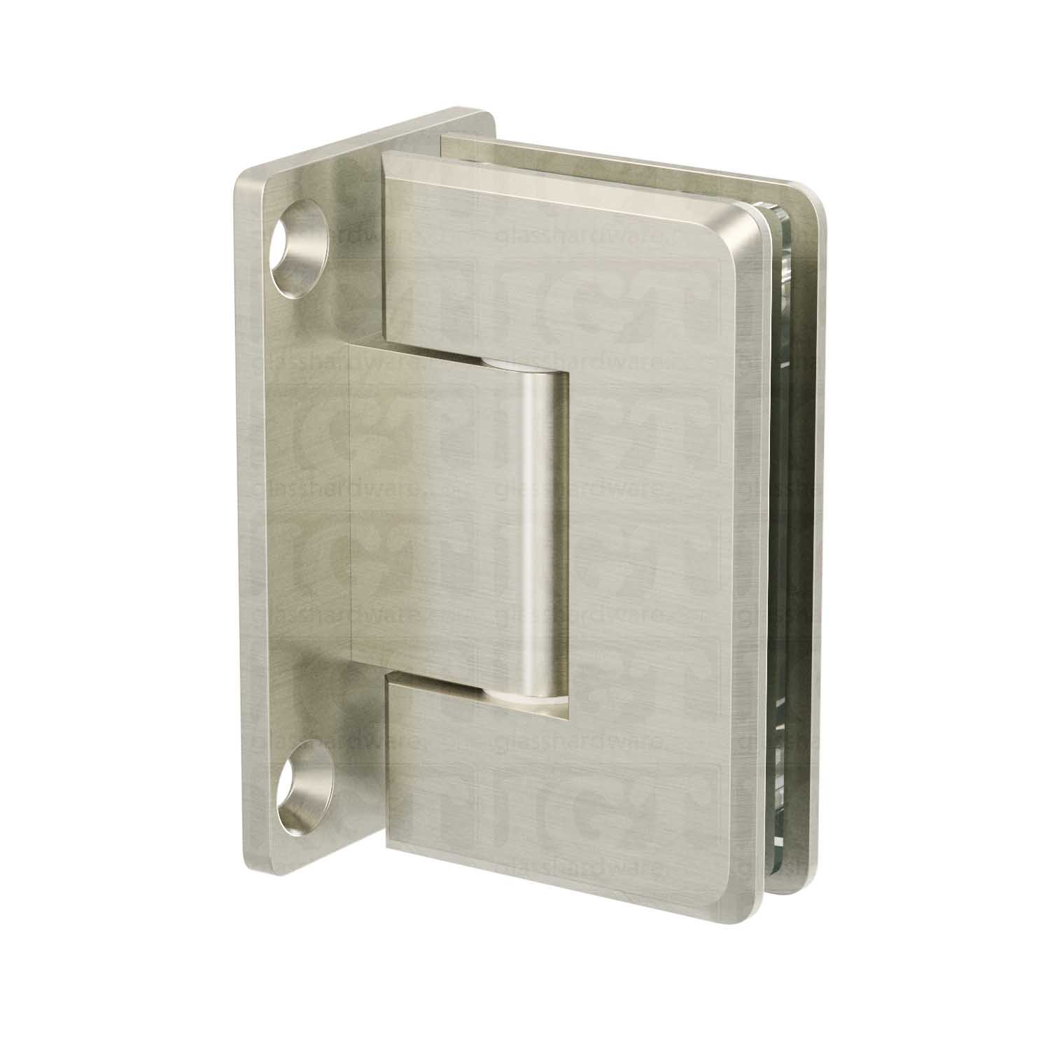 The Wall-to-Glass Full Back Bilboa Hinge in Brushed Nickel.