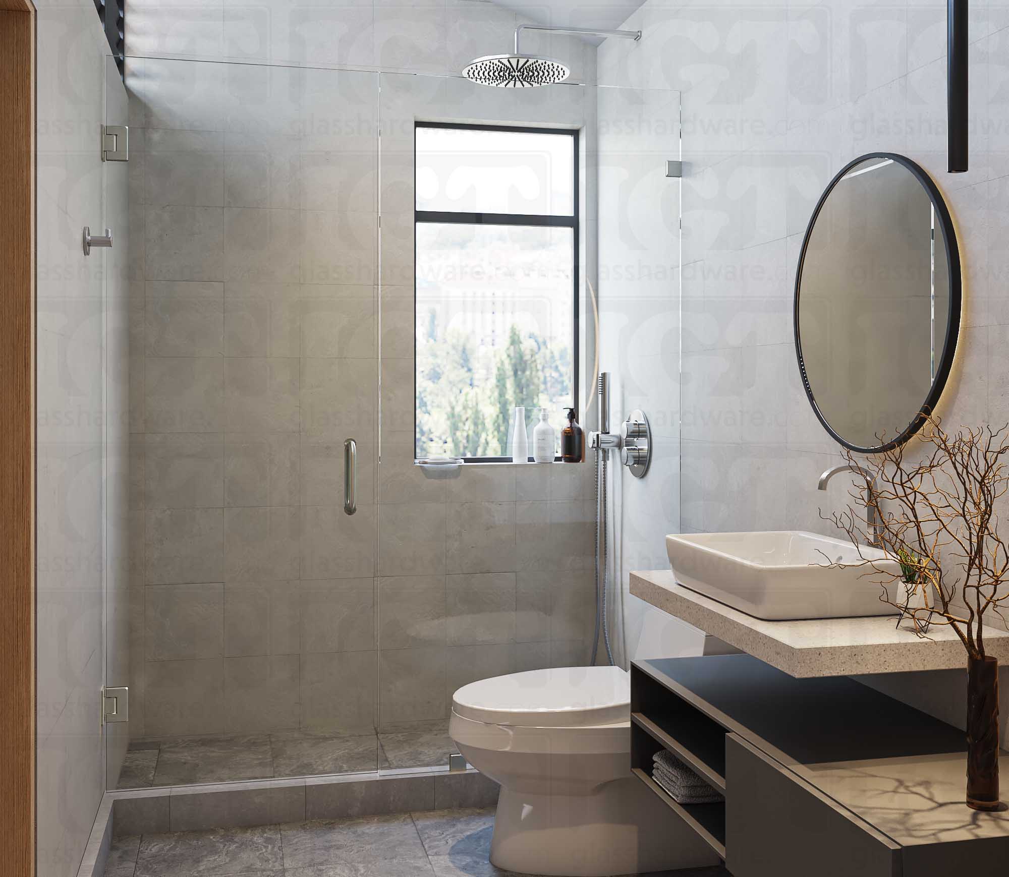 A modern shower door installation using two Wall-to-Glass Full Back Bilboa Hinges, Brushed Nickel.