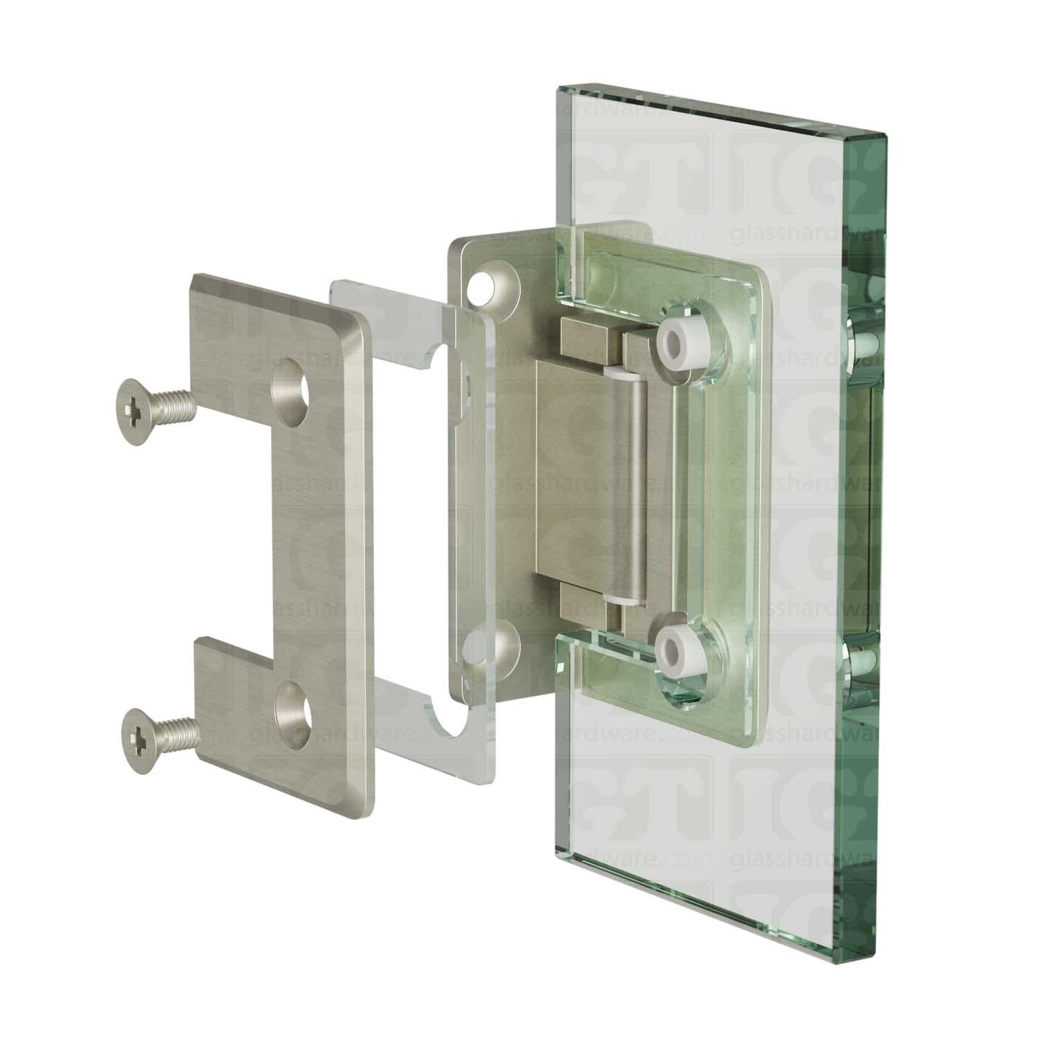 An exploded view of a Wall-to-Glass Full Back Bilboa Hinge assembly, being mounted onto a glass panel. Brushed Nickel.