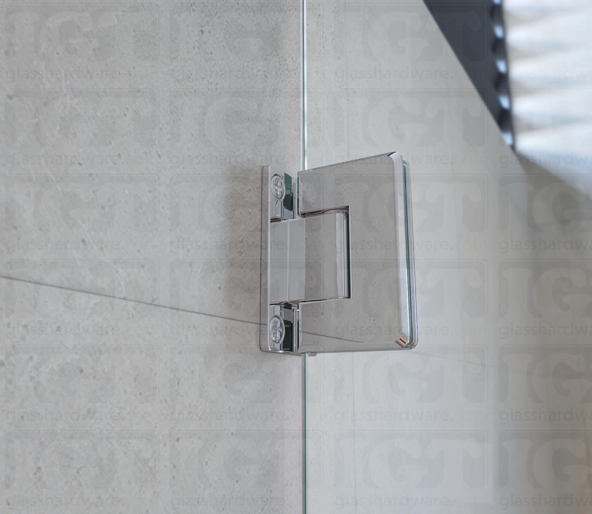 A close-up view of the Wall-to-Glass Full Back Bilboa Hinge installed on a modern shower door, showcasing its Chrome Polished finish in more detail.