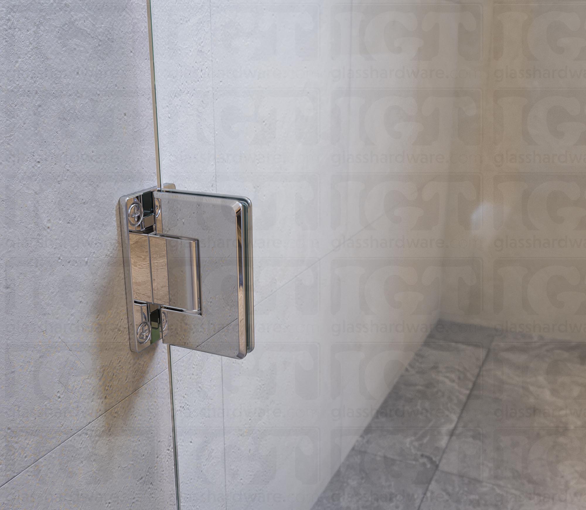 A close-up view of the Wall-to-Glass Full Back Bilboa Hinge used in a modern shower door installation, showcasing its Full Back Plate fixed to the wall. Chrome Polished.