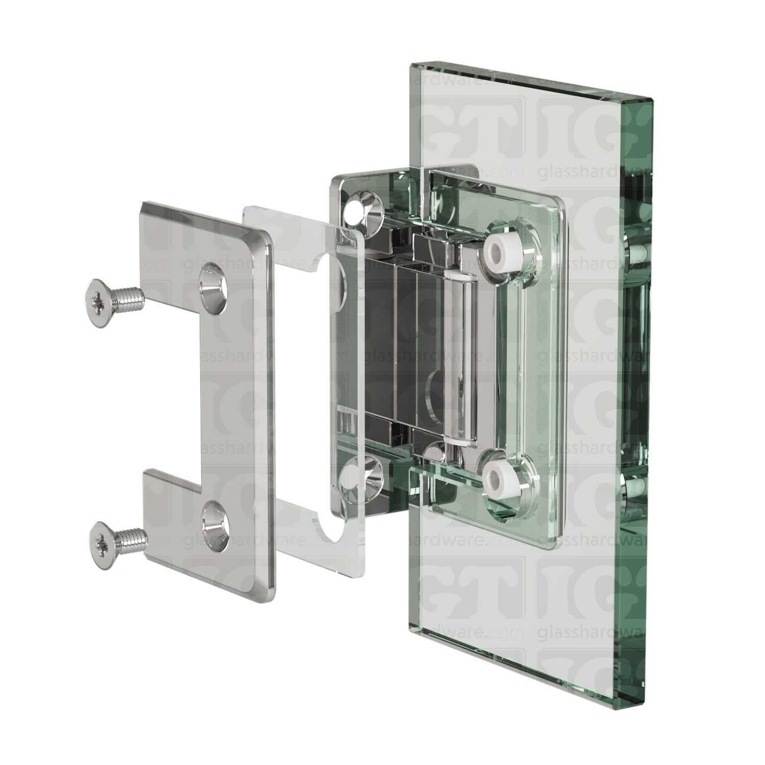 An exploded view of a Wall-to-Glass Full Back Bilboa Hinge assembly, being mounted onto a glass panel. Chrome Polished.