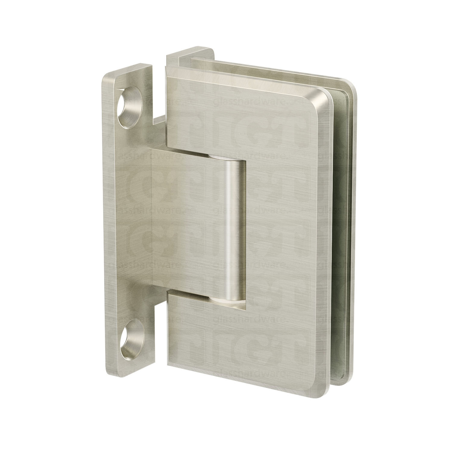 The Wall-to-Glass "H" Back Bilboa Hinge in Brushed Nickel.