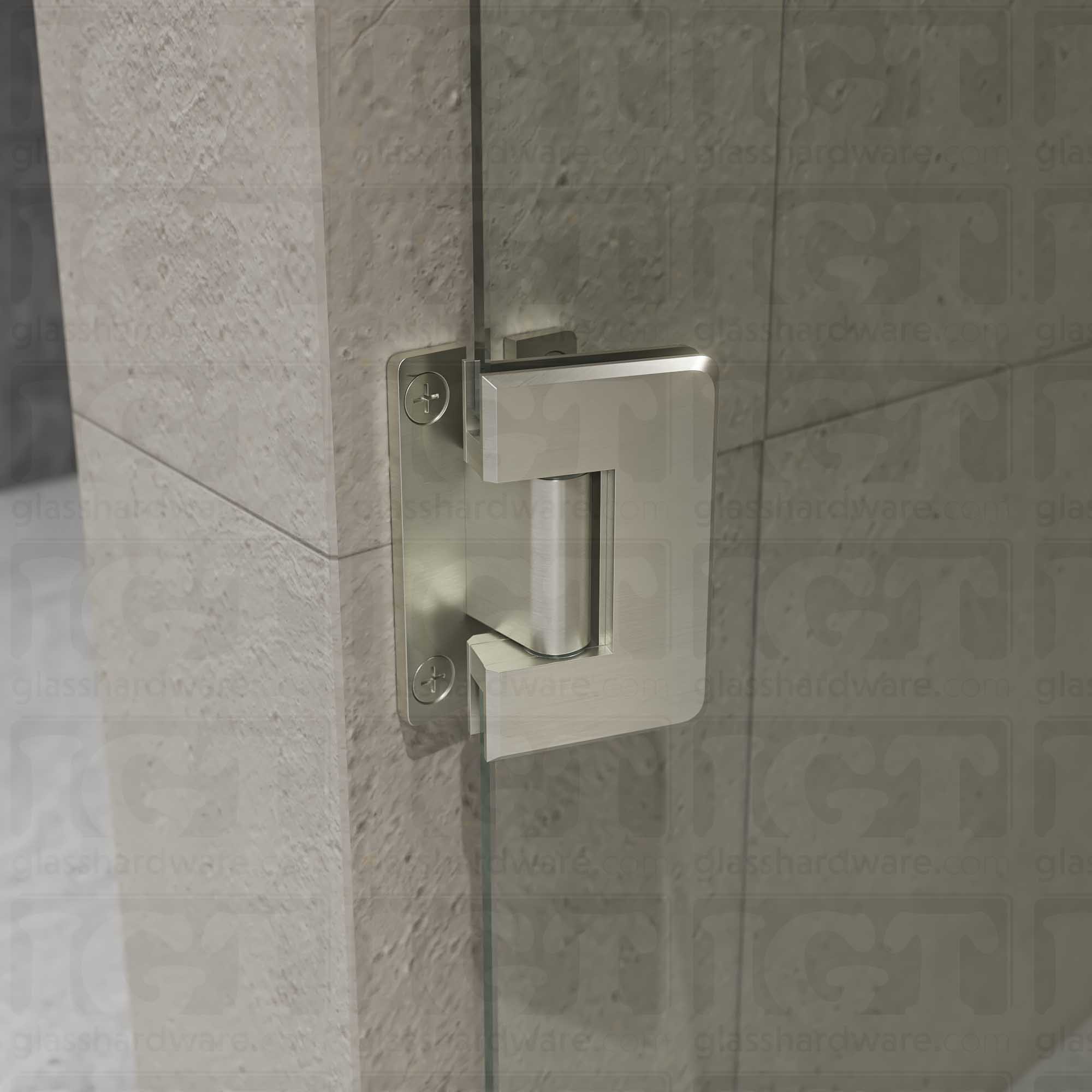 A close-up of the Wall-to-Glass "H" Back Bilboa Hinge in the open position. Brushed Nickel.