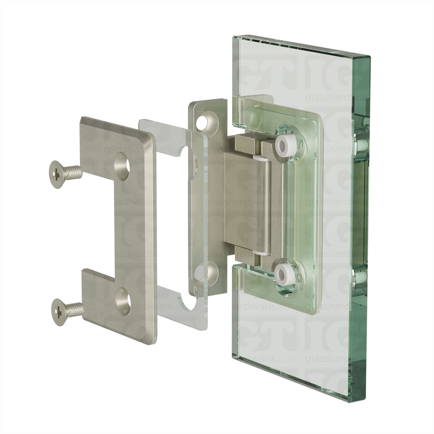 An exploded view of the Wall-to-Glass "H" Back Bilboa Hinge, installed on glass. Brushed Nickel.