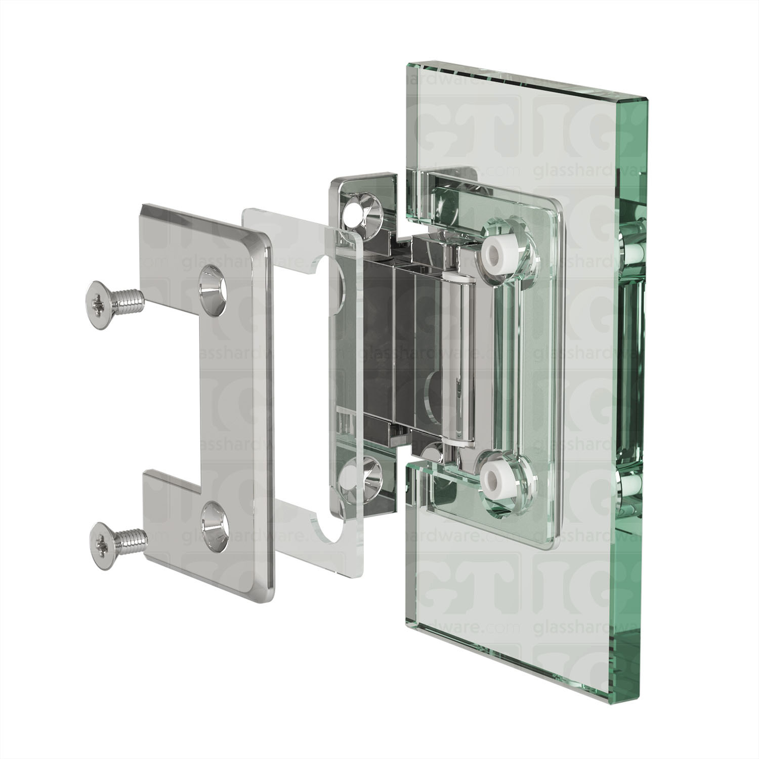 An exploded view of the Wall-to-Glass "H" Back Bilboa Hinge, installed on glass. Chrome Polished.