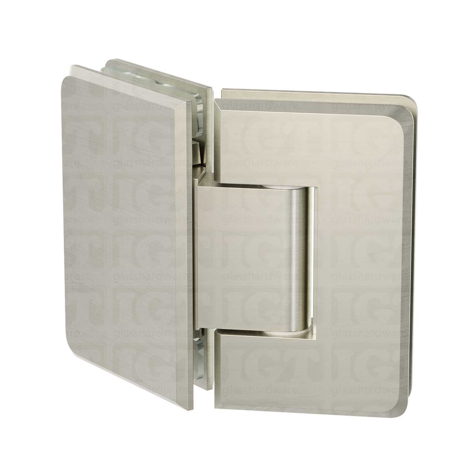 The Glass-to-Glass 135 Degree Bilboa Hinge in Brushed Nickel.