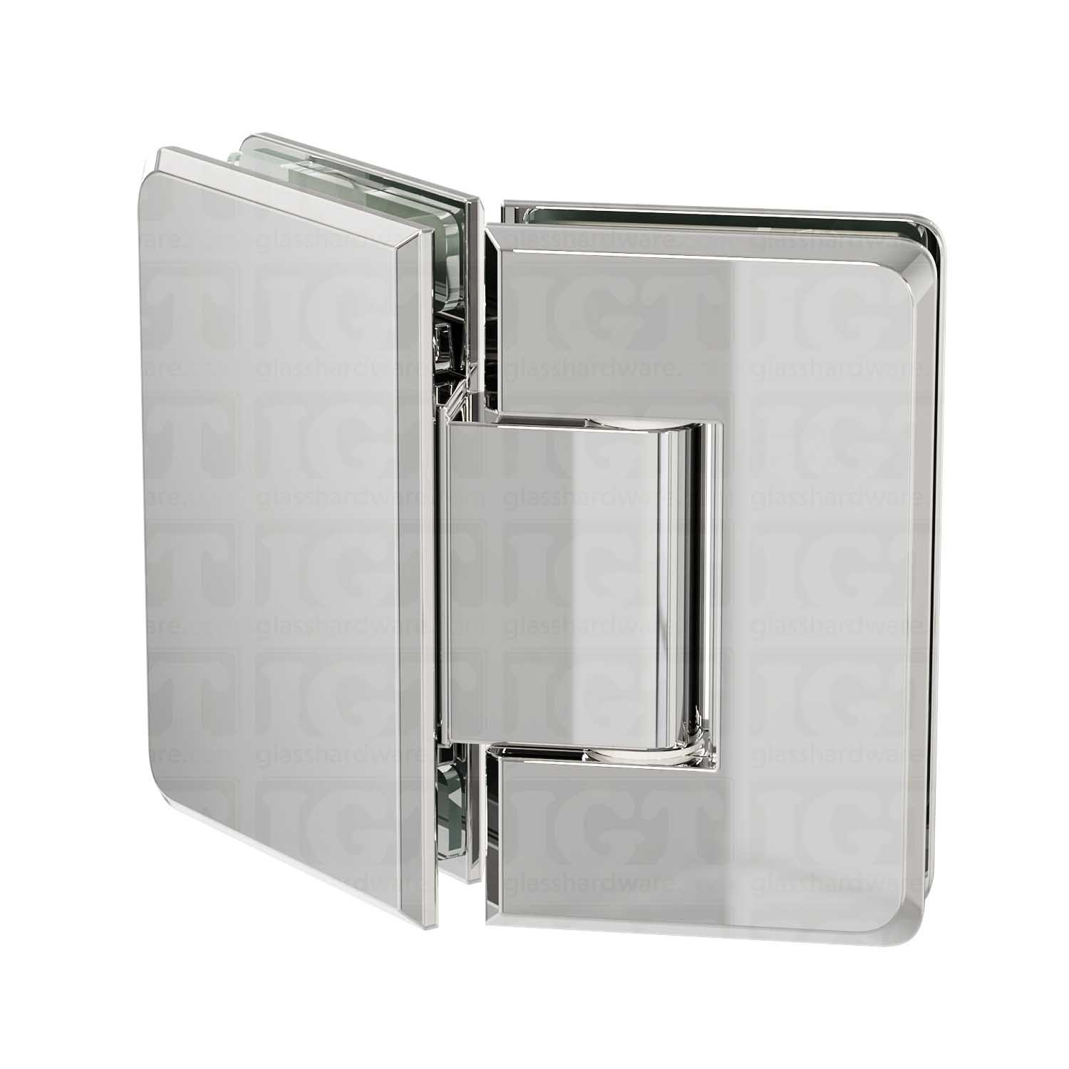 The Glass-to-Glass 135 Degree Bilboa Hinge in Chrome Polished.