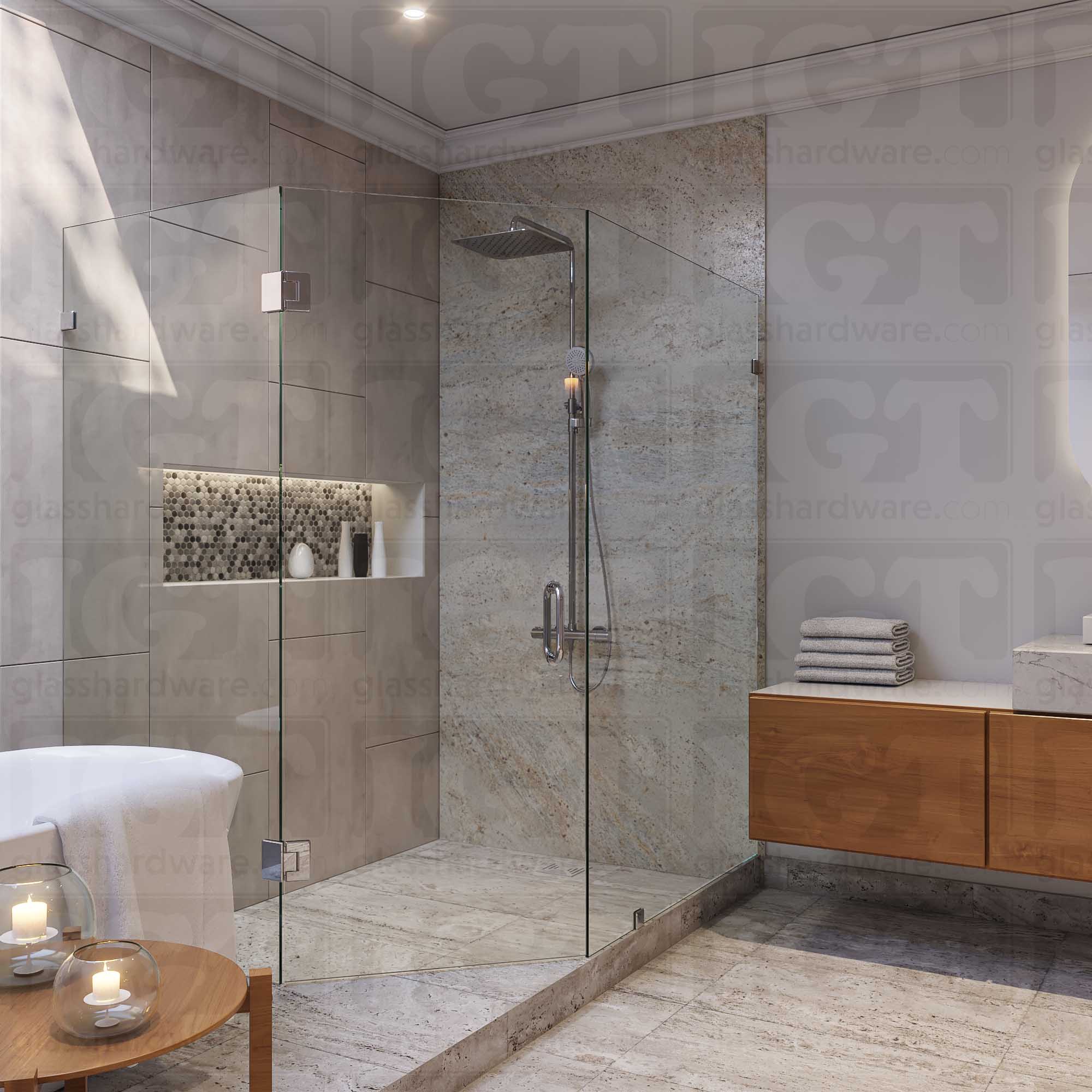 A modern frameless shower door installation using two Glass-to-Glass 135 Degree Bilboa Hinge. Chrome Polished.